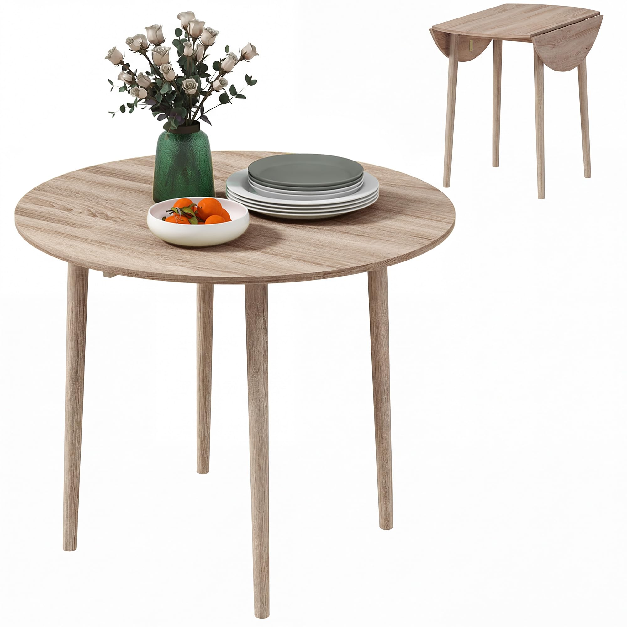 HOMCOM Folding Dining Table for 4, Round Drop Leaf Table, Modern Space Saving Small Kitchen Table with Wood Legs for Dining Room, Natural