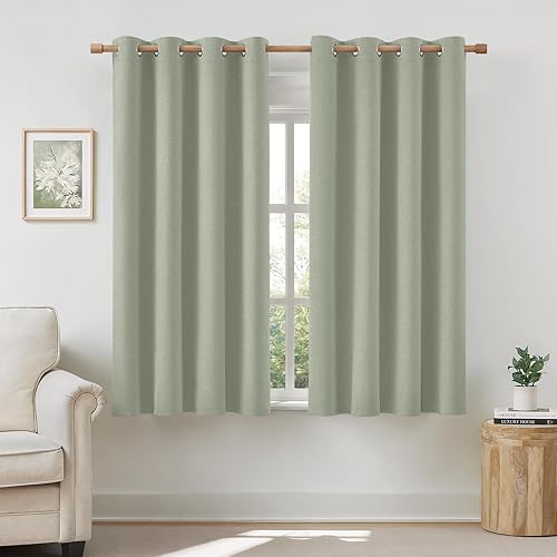 HOMEIDEAS Cortinas opacas 100% verde salvia para dormitorio, cortinas de lino de 63 pulgadas de largo, 2 paneles para sala de estar, lino sintético,