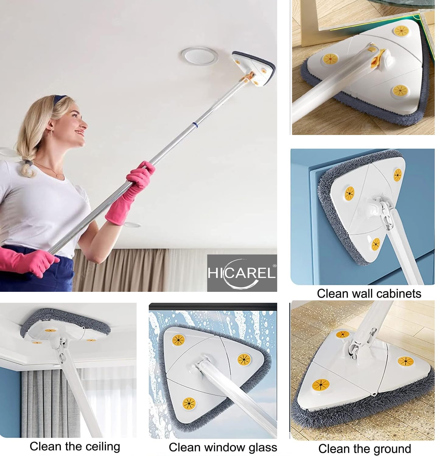 Mop bianco triangolare girevole 360 per pulire piastrelle e pareti, mocio autogocciolante in microfibra, appendiabiti, 3 panni, spazzola per guarnizioni, manuale e trucchi. Mop per soffitti e