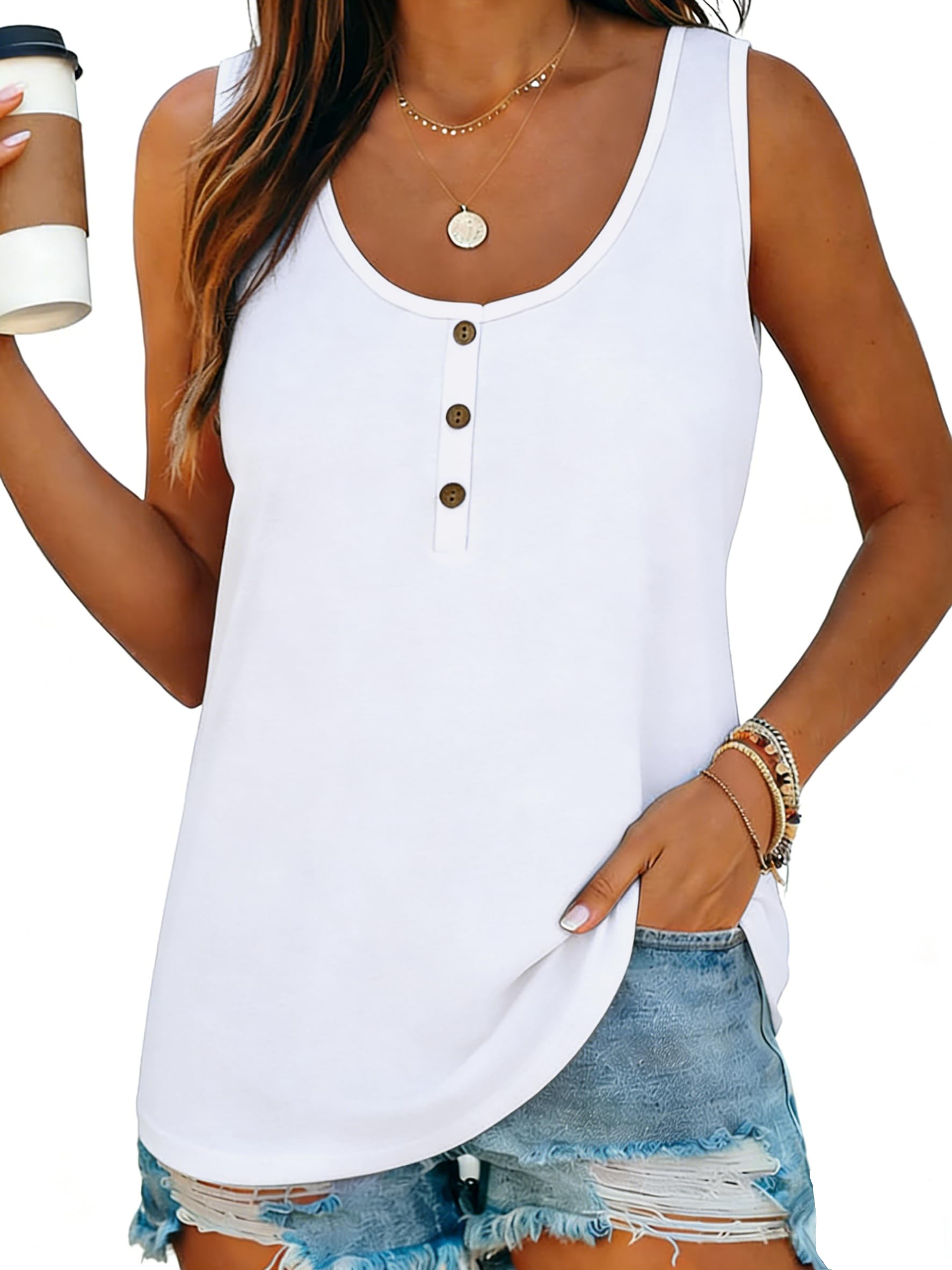 Kapoohott Damen Tops Sommer Ärmellos Tank Tops Elegant Oberteile Freizeit Lose Einfarbig Tunika Shirts mit Tasten