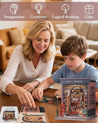 Miniatura 60 de Cutefun Kit de rincón de libros, kit de casa de muñecas en miniatura, kits de rincón de libros para adultos, sujetalibros con luz LED para Cuerdas