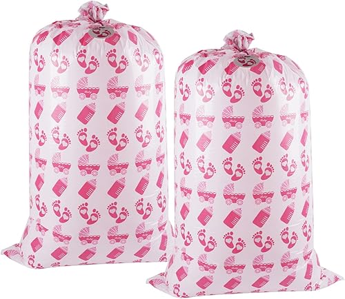 Lyforpyton Paquete de 2 bolsas extragrandes para baby shower, 36 x 60 pulgadas, botellas de leche rosa, bolsas de regalo de plástico con etiqueta y
