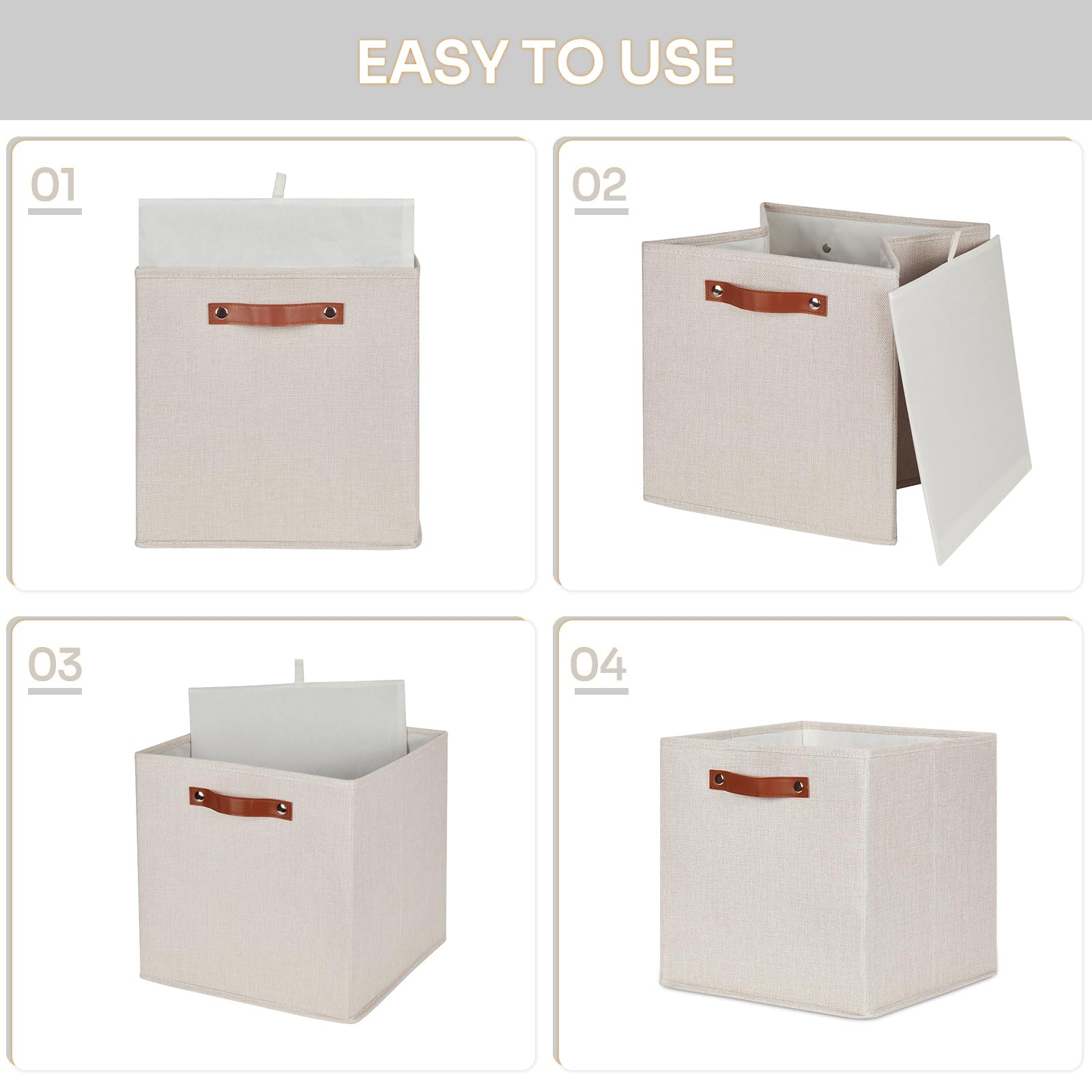 HNZIGE Set Di 4 Cestini Portaoggetti In Tessuto 11x11x11 Cm (27,9x27,9x27,9 Cm) Con Manici In Pelle, Pieghevoli, Per Armadi E Scaffali – Nero/bianco