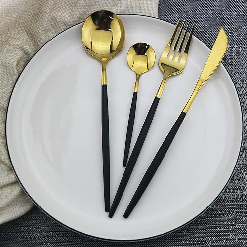 Miniatura 2 de JASHII - Juego de cubiertos de acero inoxidable con acabado satinado de 30 piezas, color negro dorado, juego de cubiertos de cocina pulido con