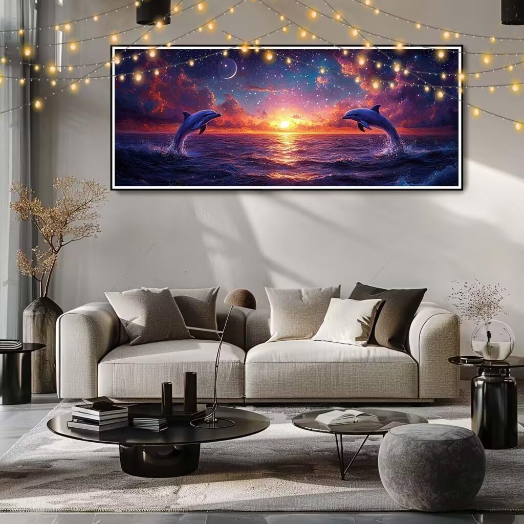 5D DIY diamentowe malowanie dla dorosłych, delfin, gwiaździste niebo duże diamentowe malowanie (50 x 125 cm), diamentowe kryształowe ścieg krzyżykowy rzemiosło haft malarski, malowanie diamentowe do