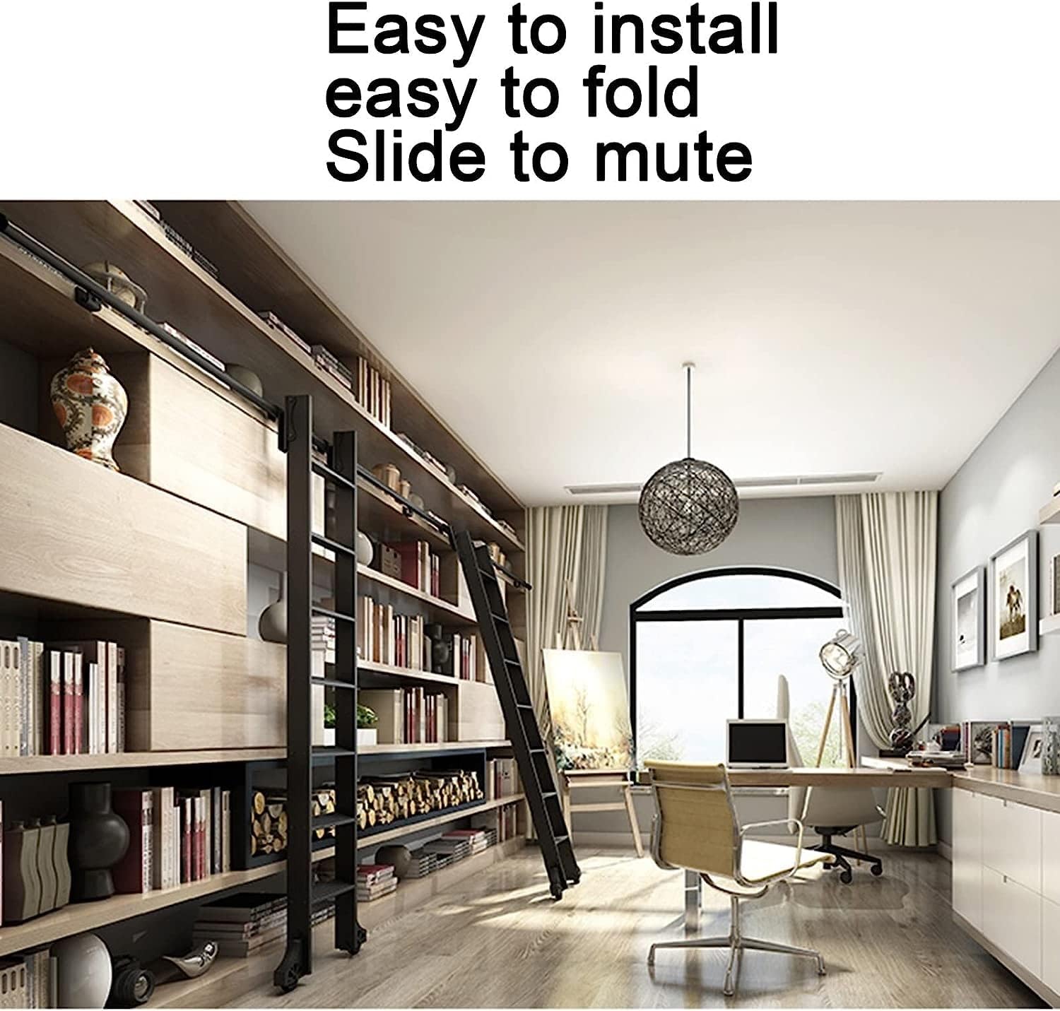 Rolling Library Sliding Ladder Hardware Kit - Sliding Barn Door Track Hardware Accessories, Aluminum Alloy Round Tube Mobile Ladder Track Accessories (with Floor Rollers), for Home