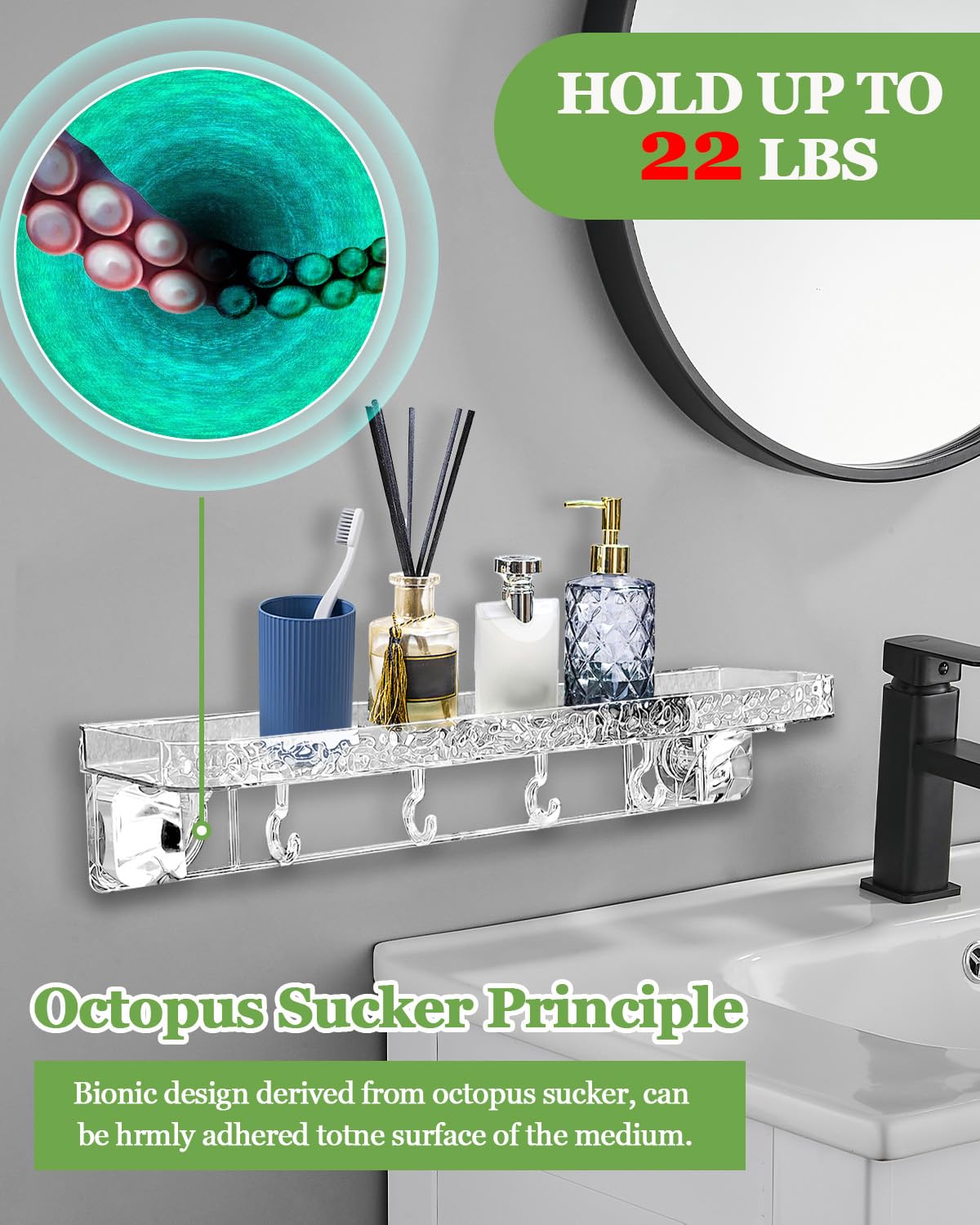 Aimery Estantería de ducha esquinera para baño, paquete de 2 unidades con ventosa con 4 ganchos, para almacenamiento de baño, decoración del hogar y cocina, sin taladrar, estantes de ducha extraíbles