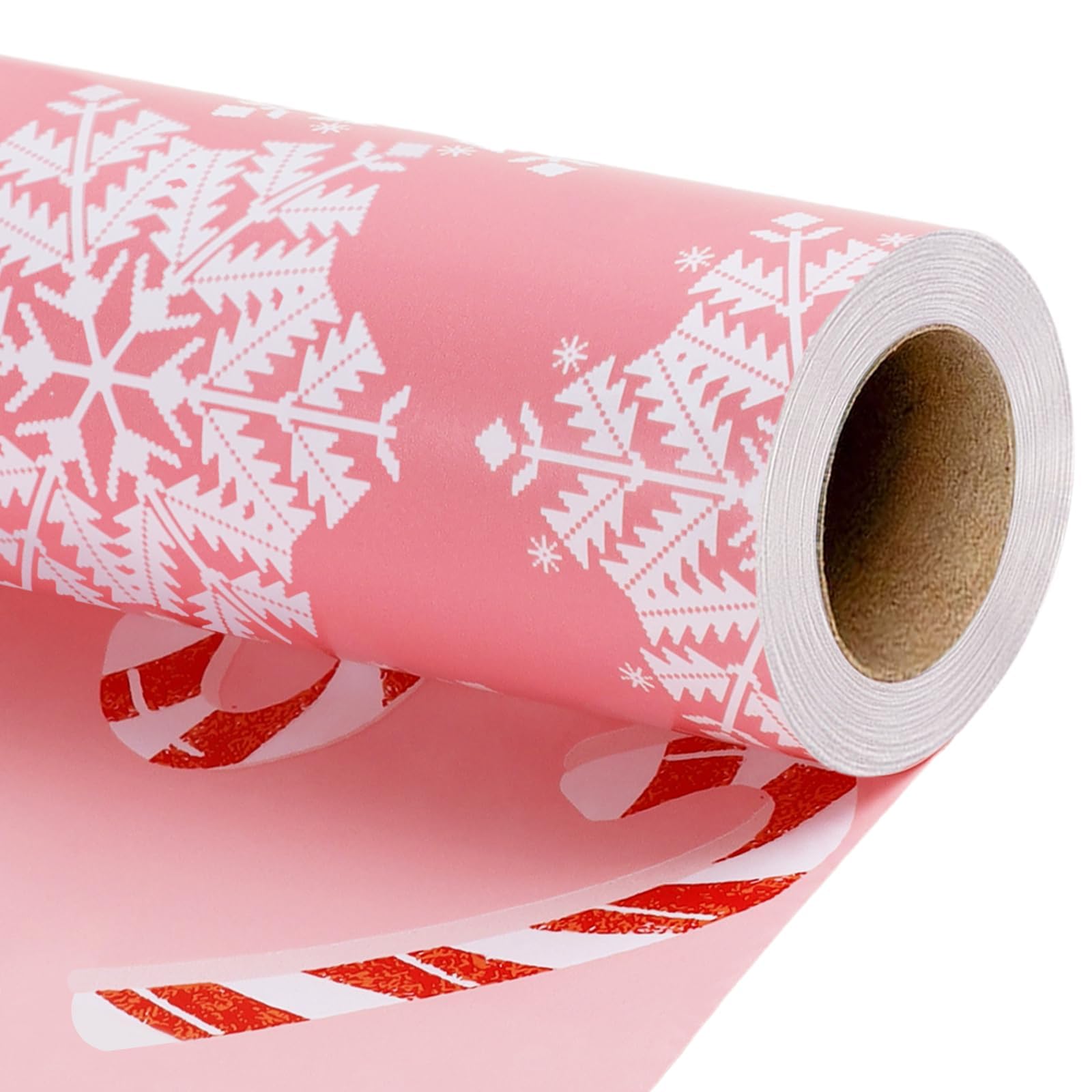 LaRibbons Dwustronny świąteczny papier do pakowania z różowym pomponem, różowym płatkiem śniegu i różową laską cukrową na Boże Narodzenie, imprezę, wakacje, uroczystości, 40 cm x 40 stóp (56,6 m2)