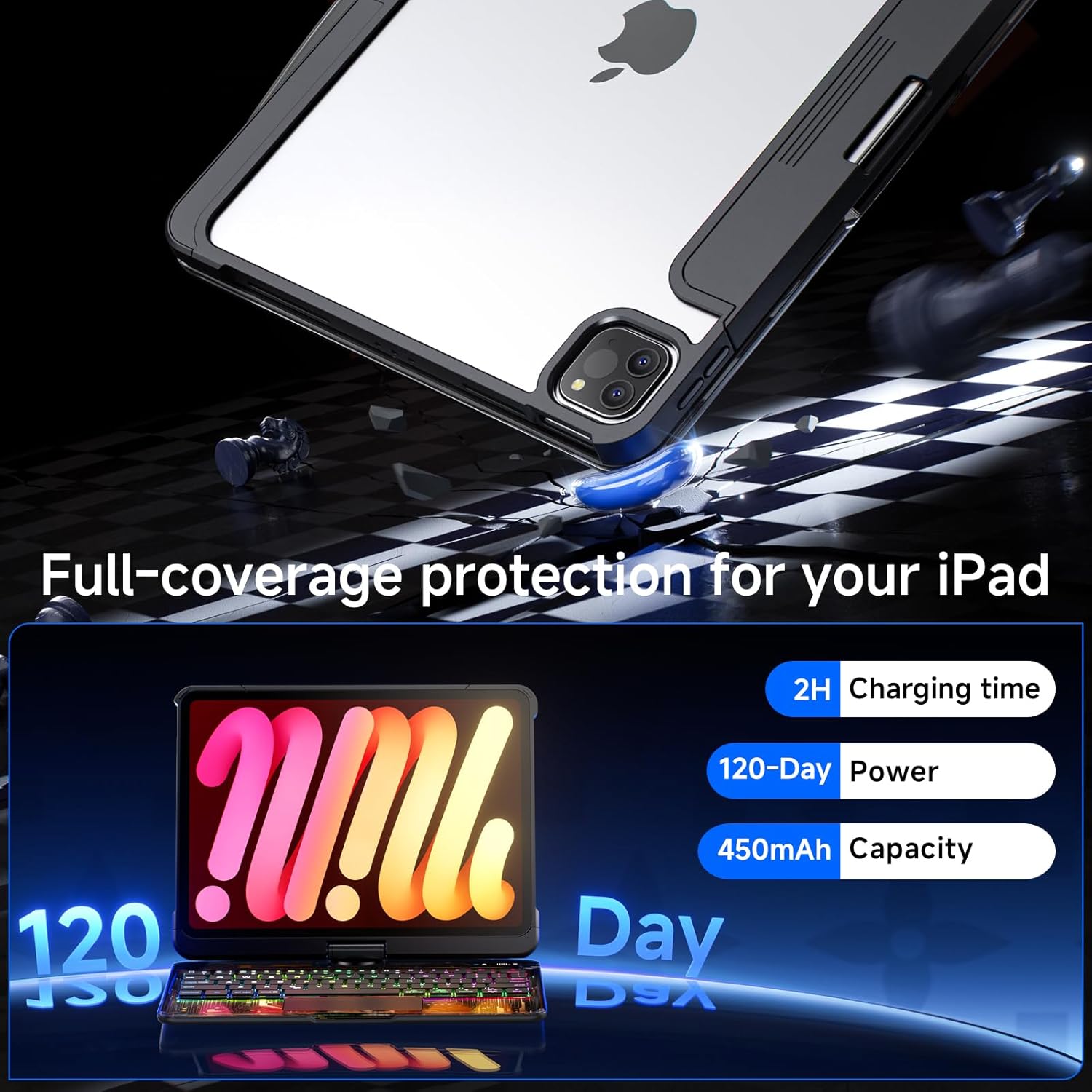 Clear Wireless Keyboard Case for iPad mini 7 A17 Pro (2024)/ Mini 6 (2021) 8.3" w/Multi-Touch Trackpad, 7-Color Backlit, Pen Holder, 360 Rotating Case for iPad mini 7th/6th Generation,Black