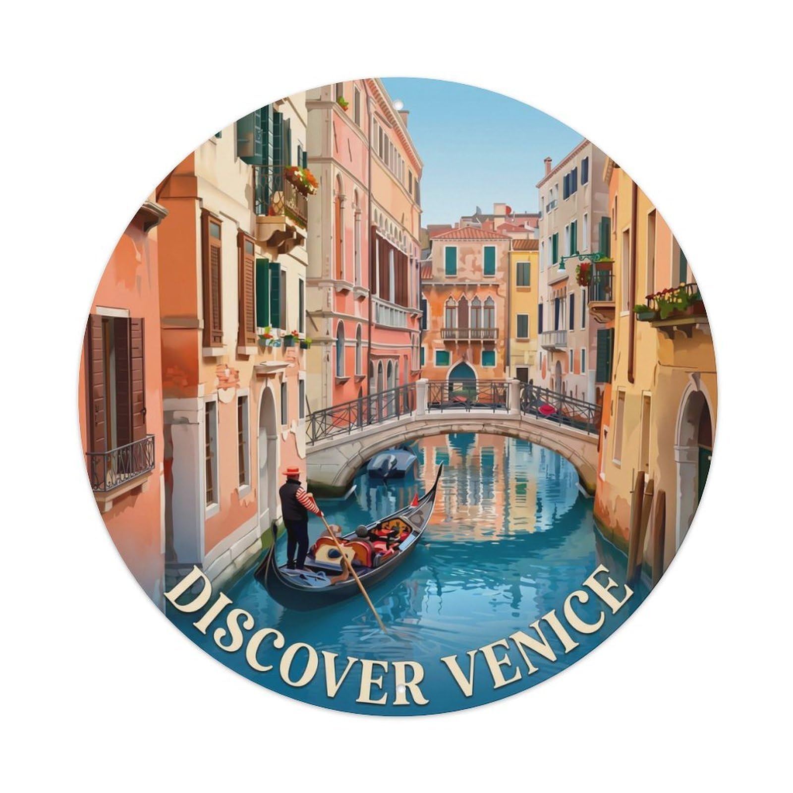 Retro Italian Venice Canal Waterway Gondola Scenic Heritage Metal Tin Sign Plaque Wall Decor for Cafe, Man Cave, Club Bar, Office, Home Garden Round Metal Poster 8x8Inch
