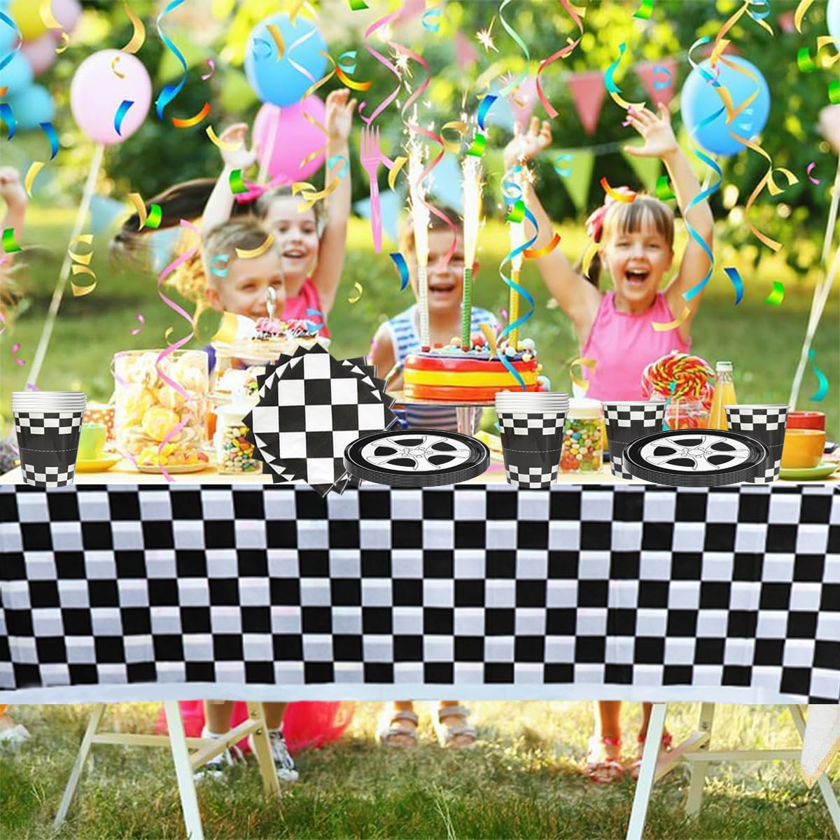 Auto da corsa Stoviglie per feste, 61 pezzi Tyre Stoviglie per compleanni per bambini, Tema delle corse Set di piatti di carta per feste, Compresi bicchieri, tovaglioli e tovaglie