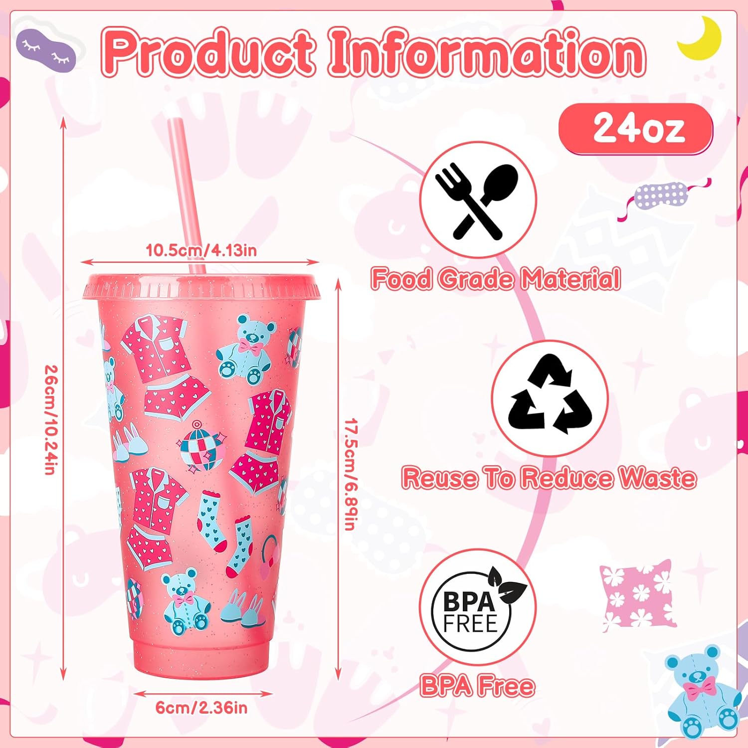 12 Pcs Sleepover Party Cups with Lids and Straws, 24 oz Glitter Iced Coffee Tumbler Sleepover Party Supplies for Girls - Image 2