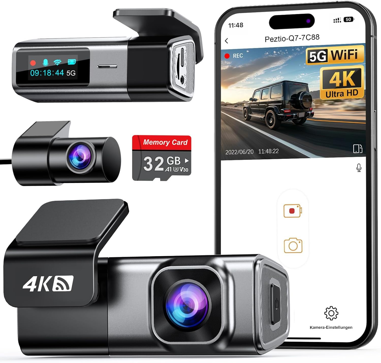 Navycrest Dashcam 4K+1080P 5GHz WiFi Dual Auto Kamera mit 32GB SD Karte Super Nachtsicht WDR G-Sensor 24/7 Parküberwachung