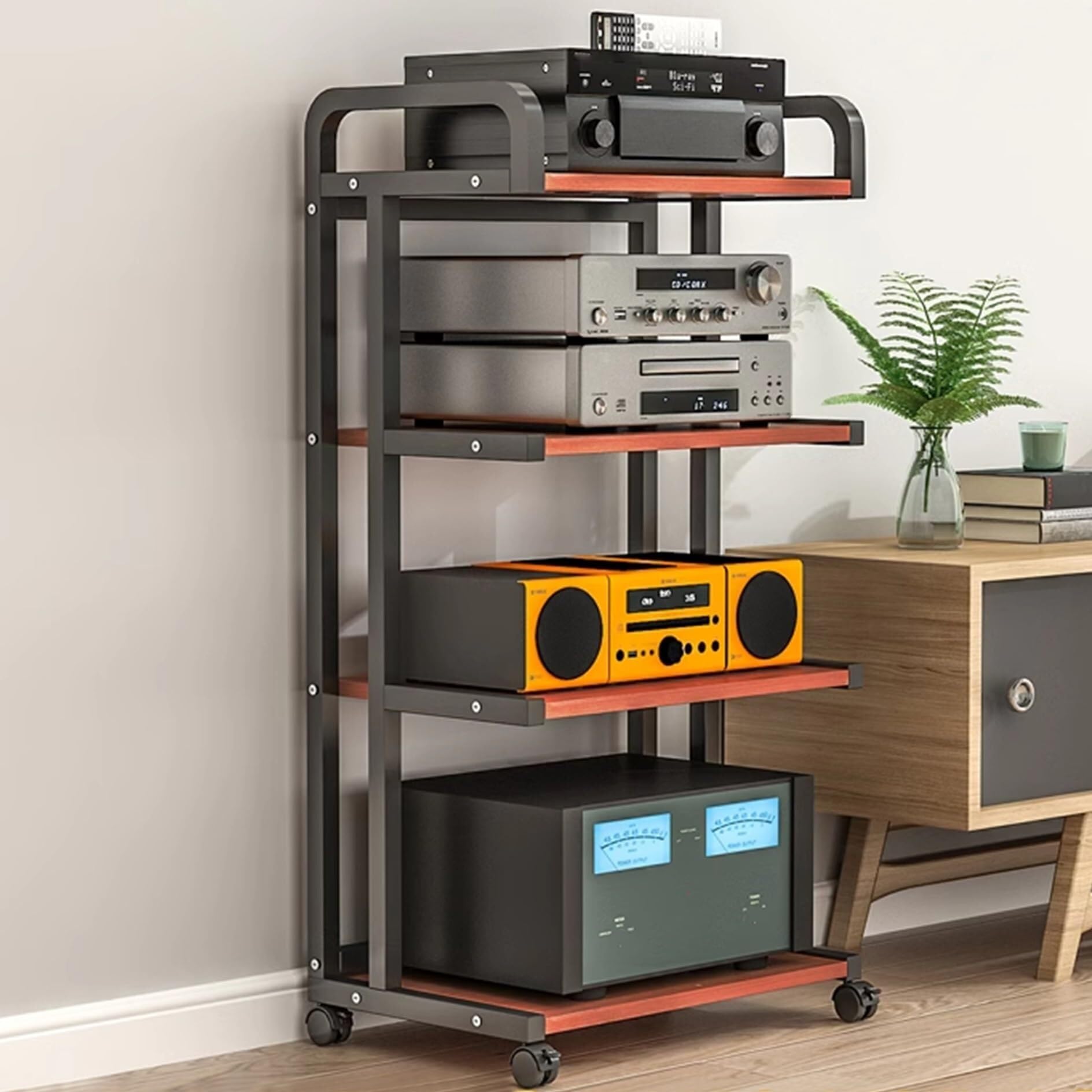 HiFi o Rack – 3/4/5-stöckiger Sto-Schrank für Zuhause, Büro, Geschäft, Theater – AV-Ma-Ständer (Schwarz & Teak, 50 x 40 x 111 cm)