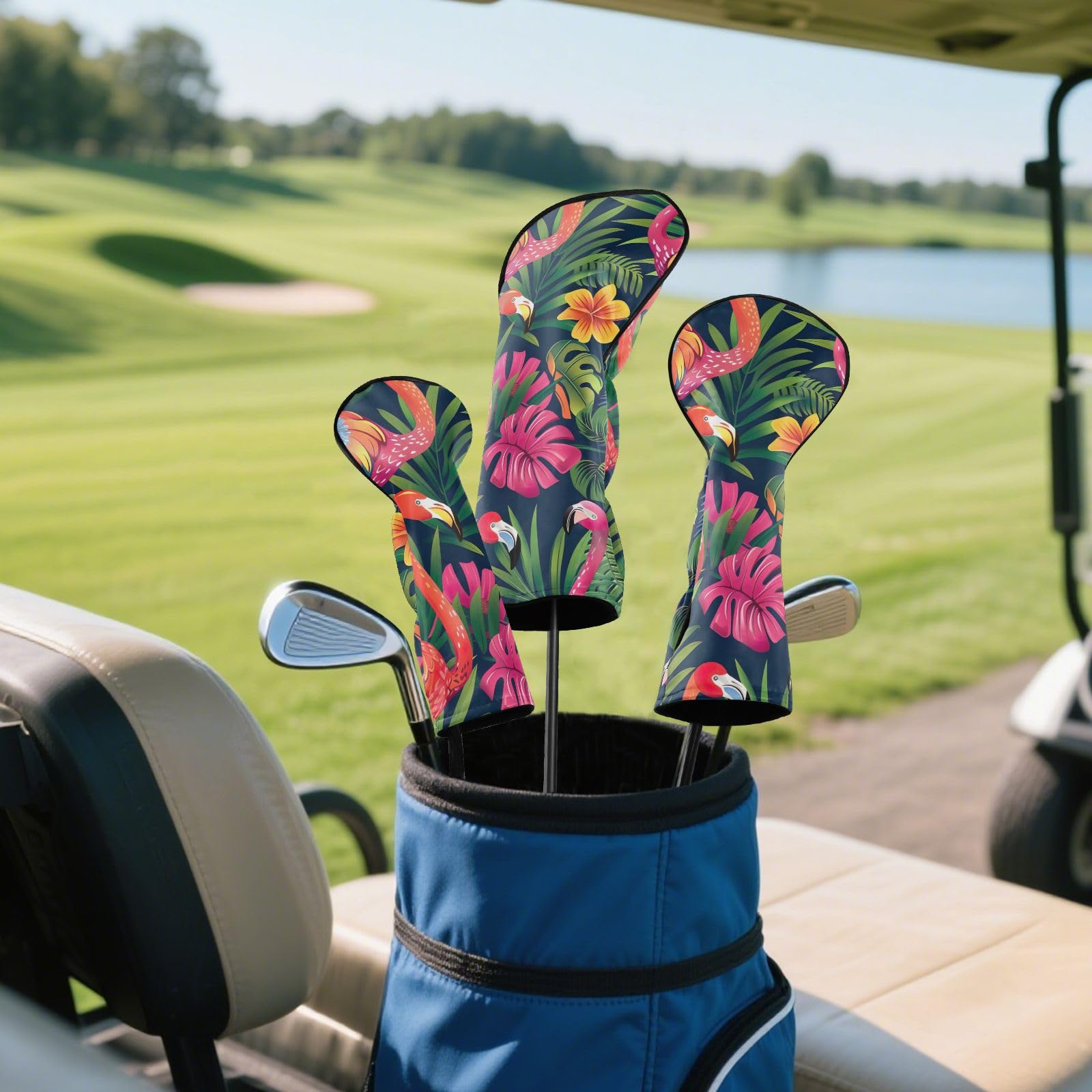 Tropische Blätter, Flamingo-Grün, Golfschlägerhauben für Damen und Herren, PU-Leder, Golfschlägerhauben mit Nummernschildern für Hybrid-Holz