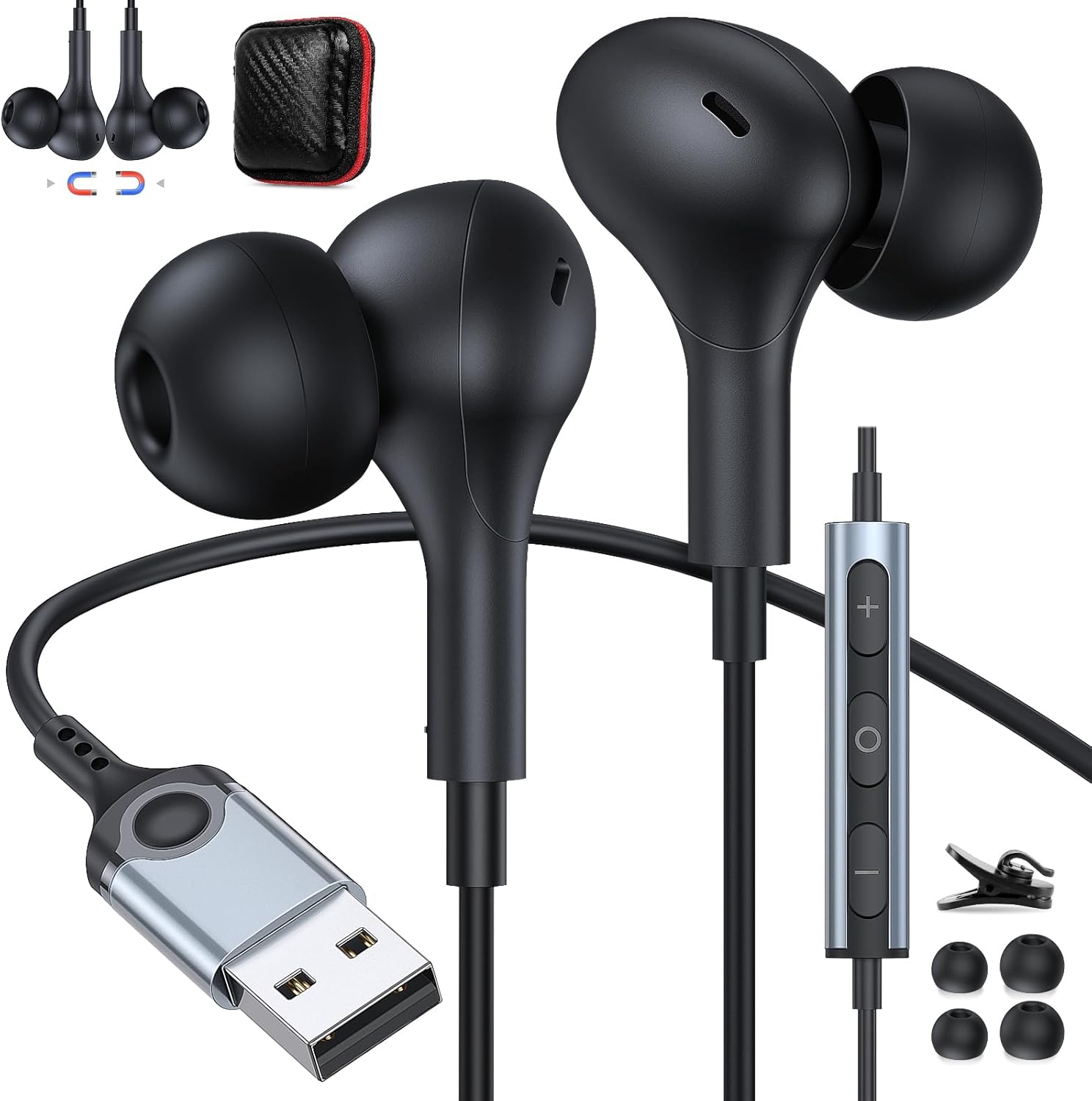 USB Headphones with Microphone for PC USB A Earbuds Computer 2.3M Cord Magnetic in-Ear Headset Audio Control Mute Function for Laptop Desktop Notebook Headset for Office Live Broadcast Gaming