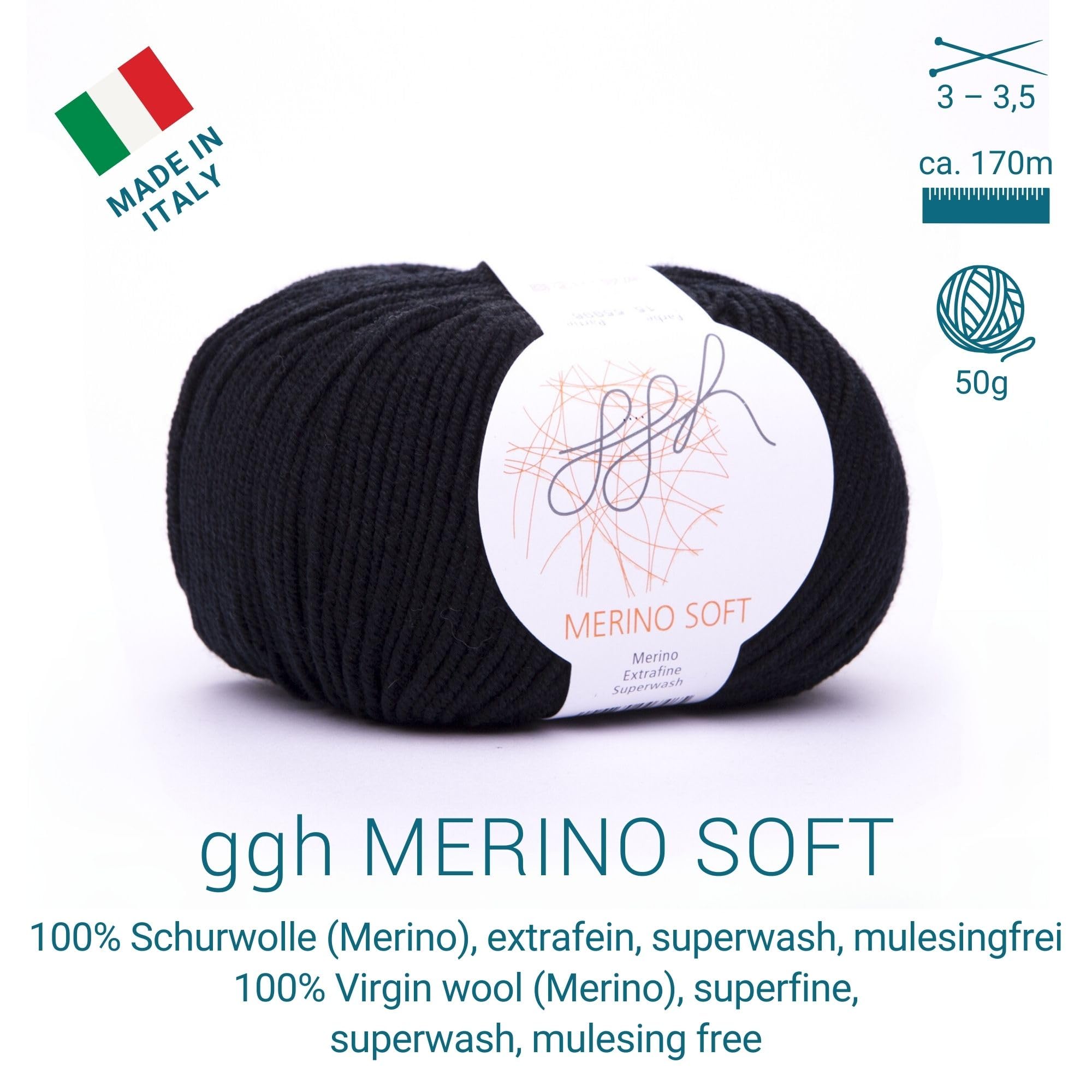 ggh Merino Soft Box | 6x50g (insgesamt 300g) Merinowolle zum Stricken | Lauflänge 170m/50g | Farbe 015 - Schwarz