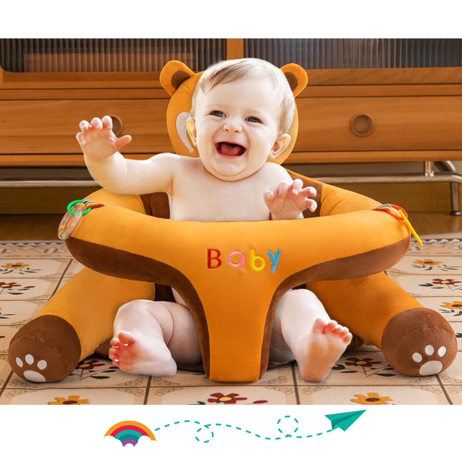 SHEKAKO Baby Seat for 3-24 Month, Kids Plush Animal Cartoon Sitting Up Sofa Seat, Portable Infants Chair with Back Support, Toddler Comfy Learn to Sit Seat, Cute Sit Me up Floor Seats (Brown Bear)