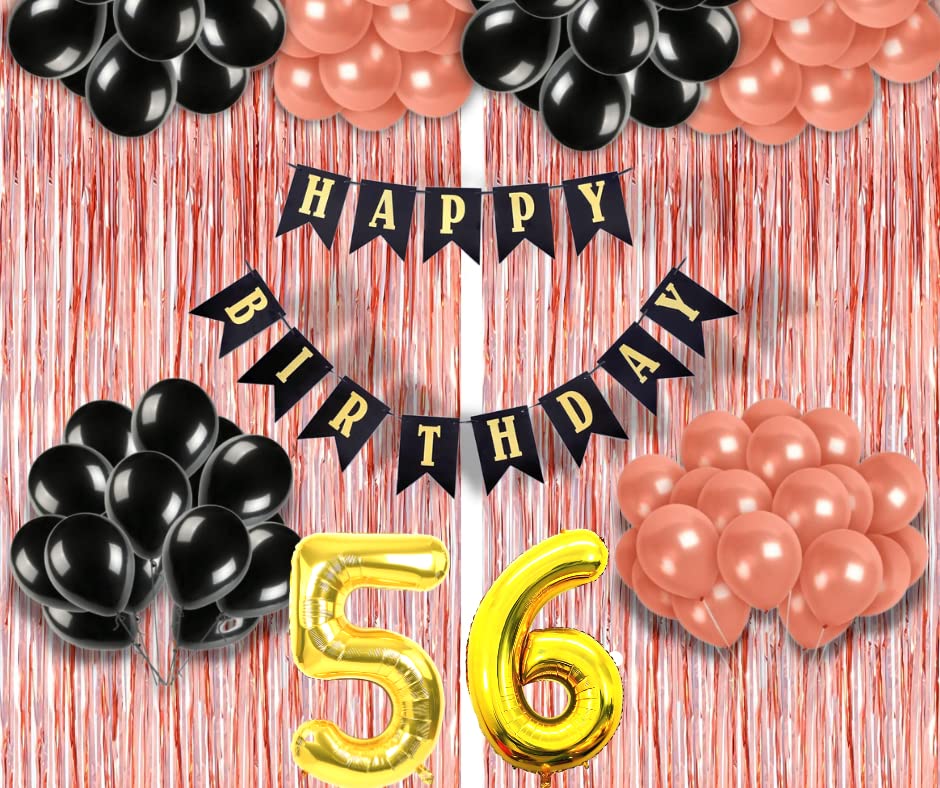 Image of 56th Birthday Decoration items for Girls with Black and Rose Gold Balloons, Black Happy Birthday Banner, Rose Gold Foil Curtain, Foil Balloon number 56