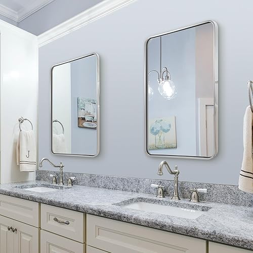 Miniatura 3 de ANDY STAR Espejo de baño cromado, espejo rectangular redondeado de 22 x 30 pulgadas, espejo de níquel pulido para tocador, SUS304 - antioxidante,