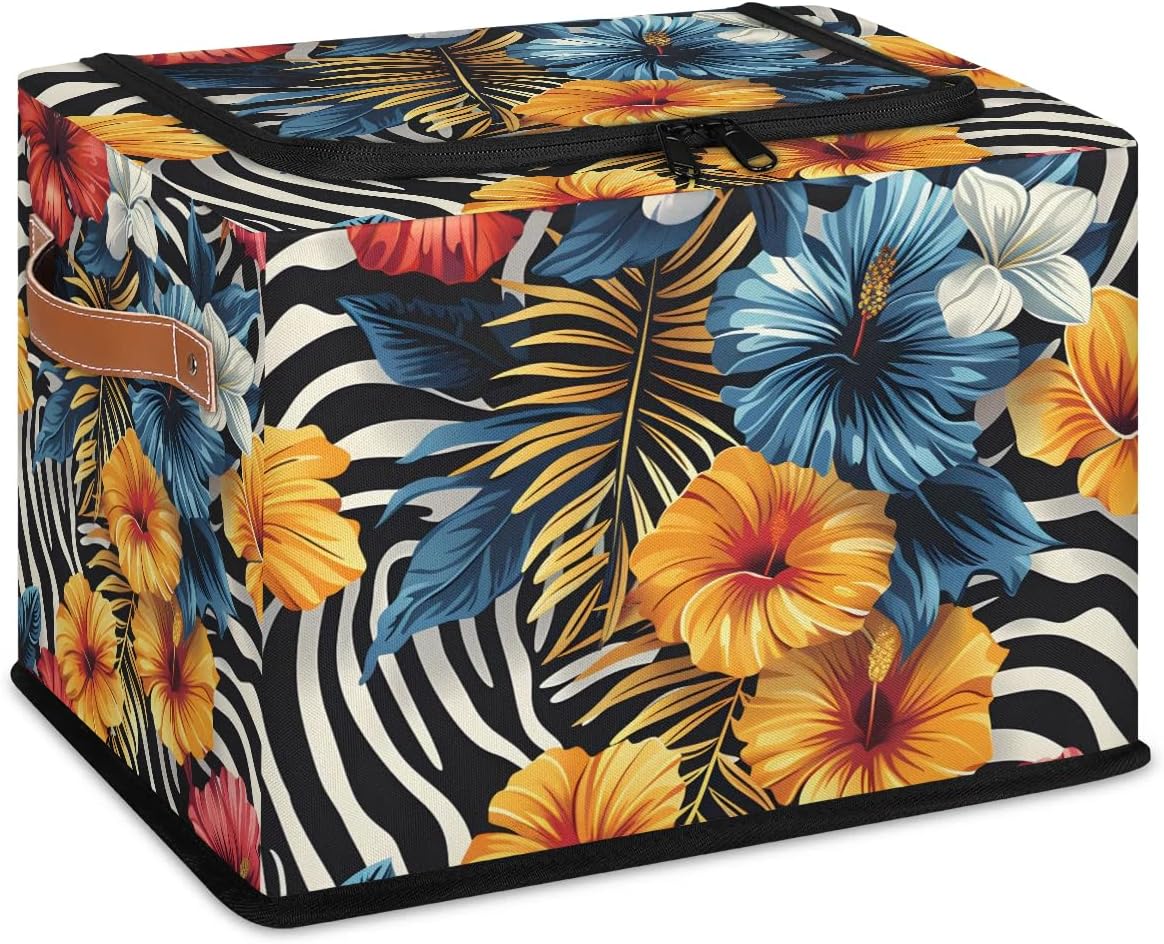 Clothes Storage Bins with Metal Frame Flower Zebra Pattern Storage Boxes with Zipper Lids Collapsible Cube Clothing Storage Bag with Leather Handle Closet Clothes Organizer Container