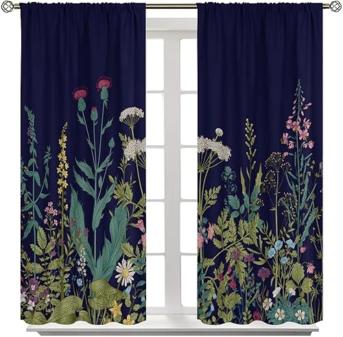 Miniatura 17 de Retro 70s Floral Blackout Window Curtains, Watercolor Flower Plant Rustic Modern Style Pattern Window Drapes, for Bedroom Living Room 42x45in 2