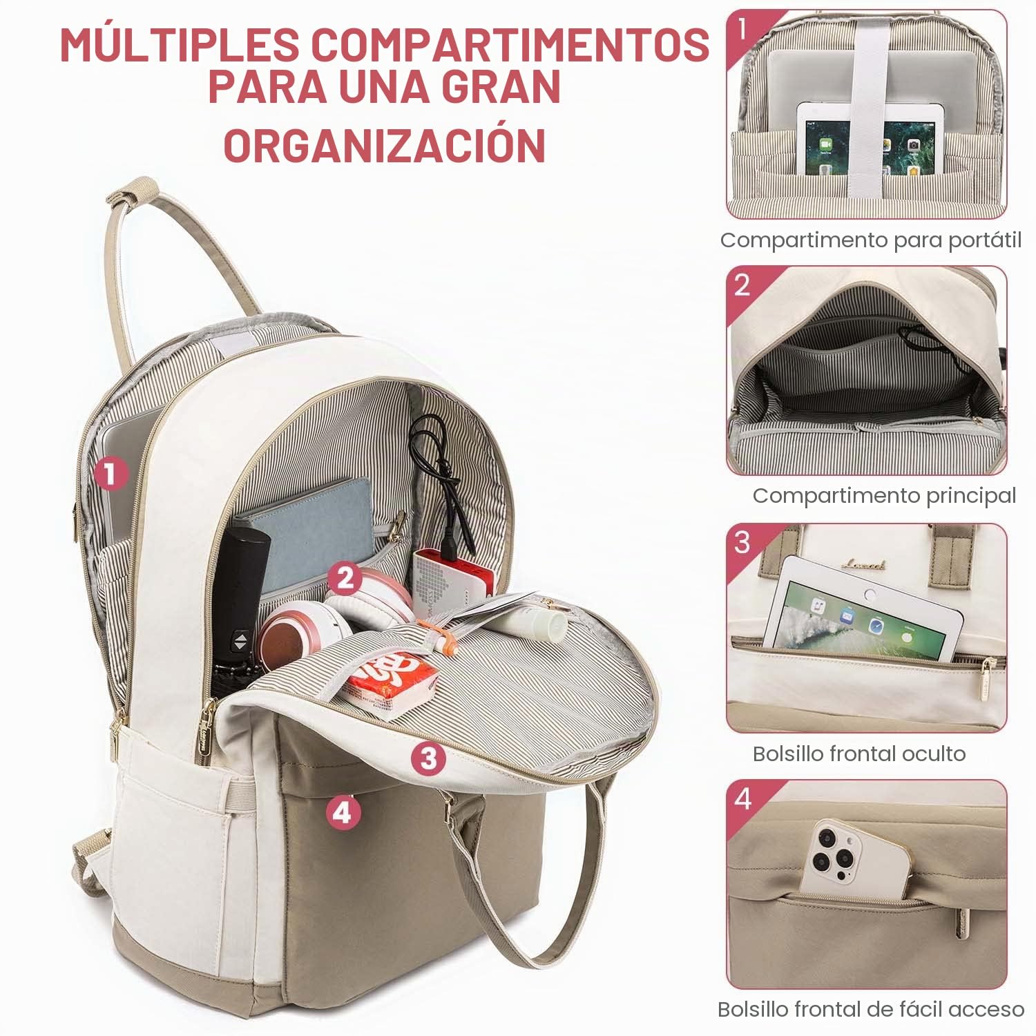 LOVEVOOK Mochila de Mujer para Ordenador Portátil de 17 Pulgadas Impermeable Mochila Escolar Antirrobo, Casual Backpack con Carga USB para Trabajo Viajes Universidad Colegio, Caqui Beige