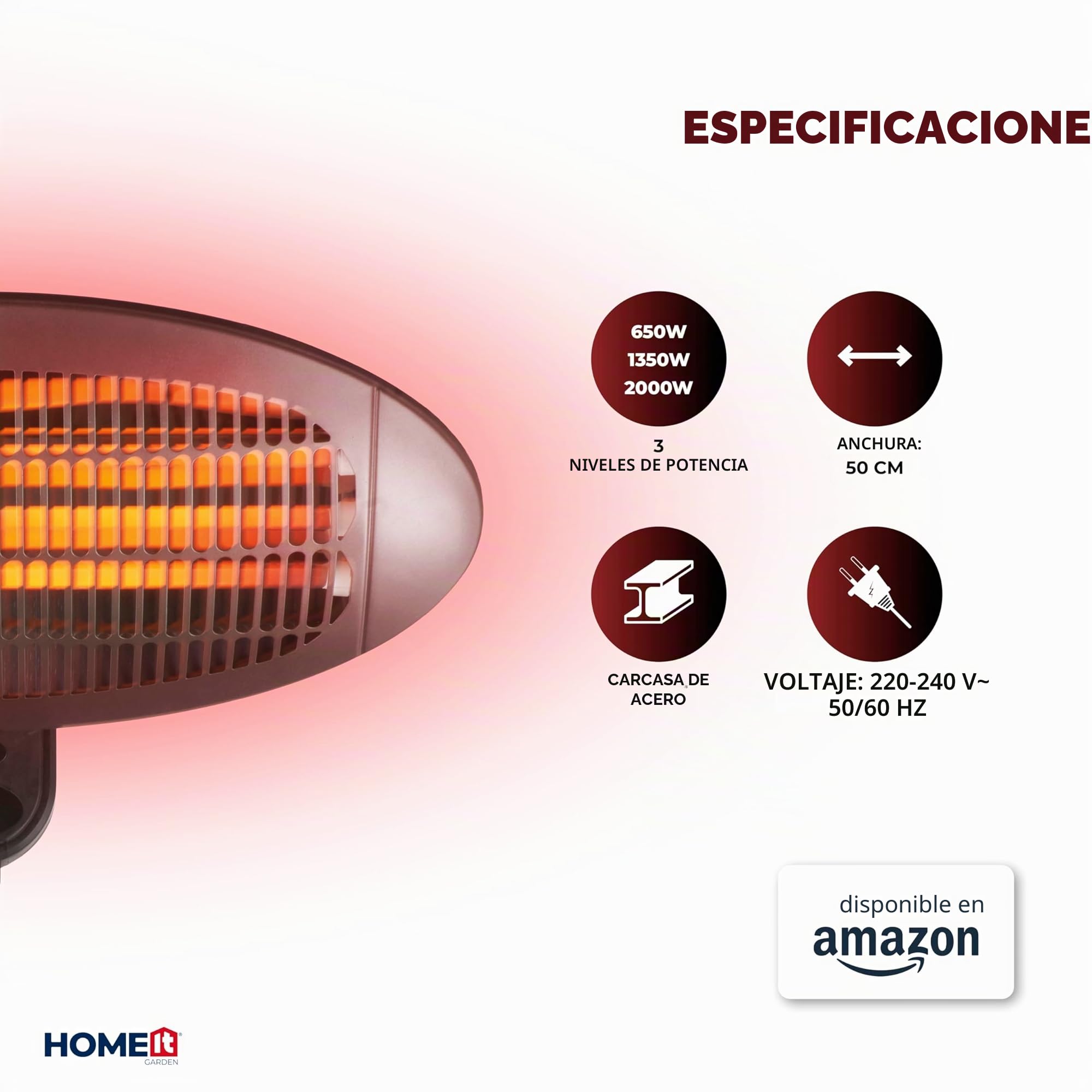 HOME It® Calefactor de Patio Infrarrojo para Montaje en Pared – 3 Niveles de Potencia, 2000W, IP34 Resistente a Salpicaduras, Tubos de Cuarzo, Control con Cuerda, Carcasa de Acero