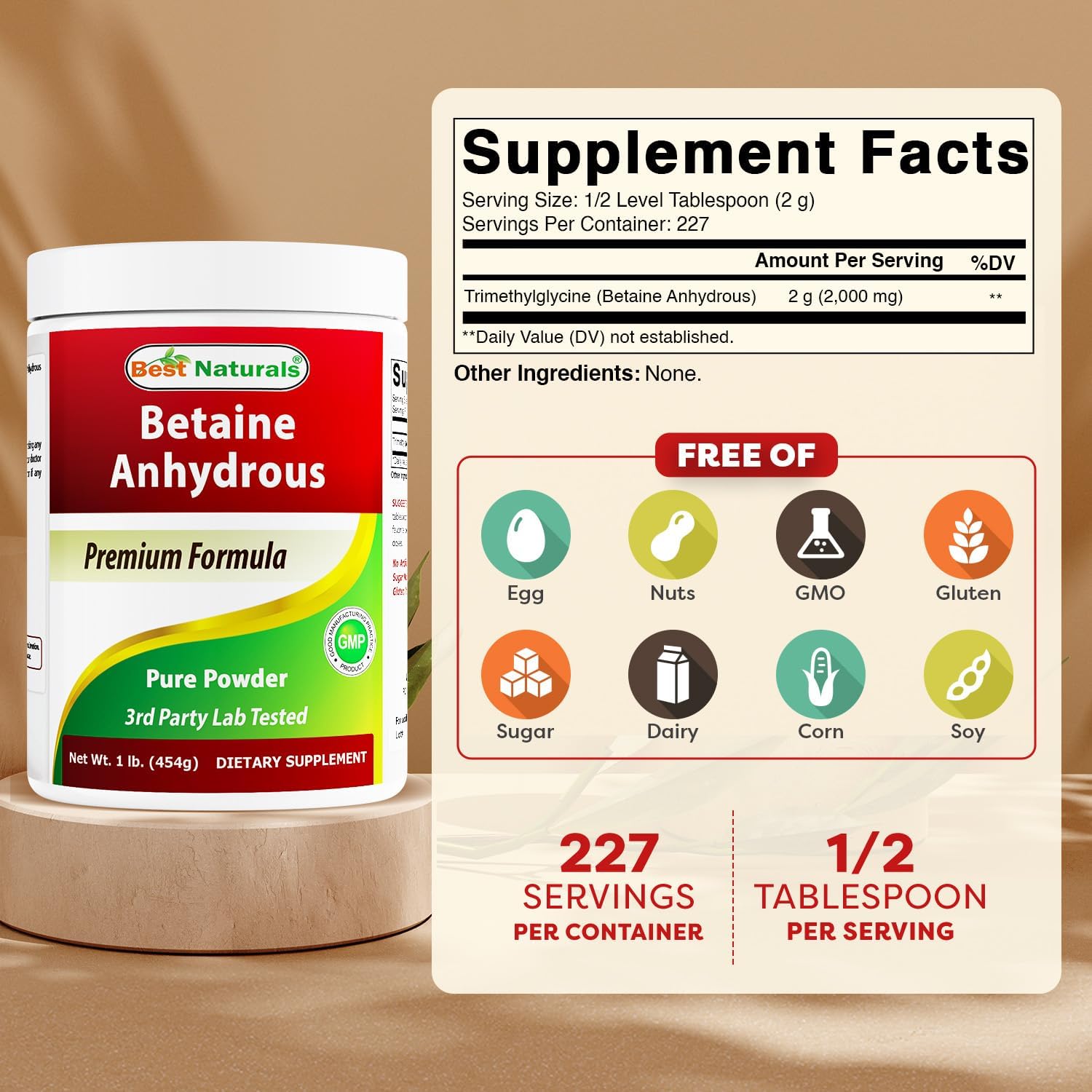Best Naturals Betaine Anhydrous Trimethylglycine (TMG) Pure Powder 1 Pound (1 LB (Pack of 2))
