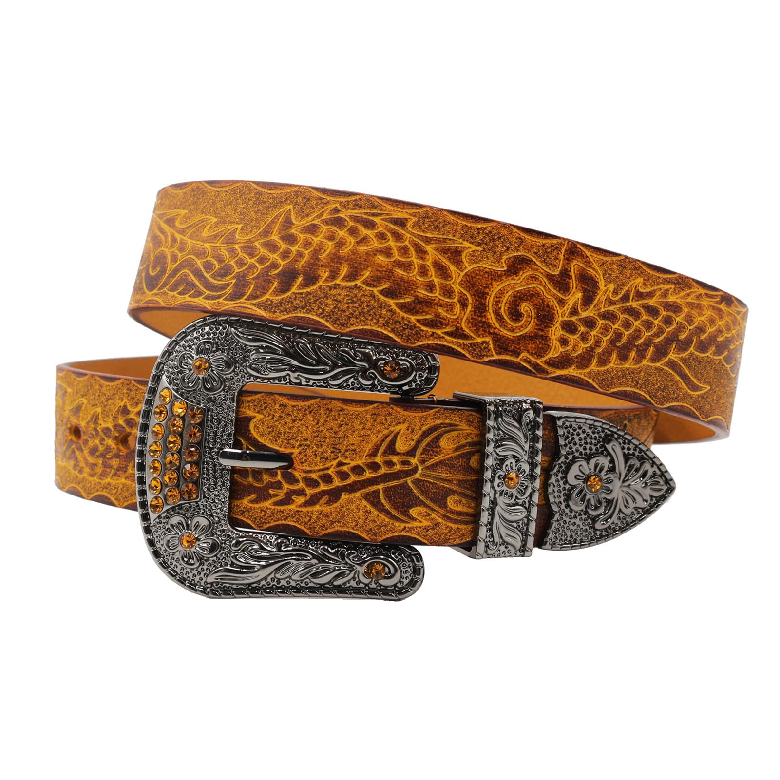 Handgemachter Herren Damen Ledergürtel aus Echtem Leder, Legierung Dornschließe Strass Schnalle, Anzug Jeans Gürtel,Drache Prägung(125cm/49, Brown)