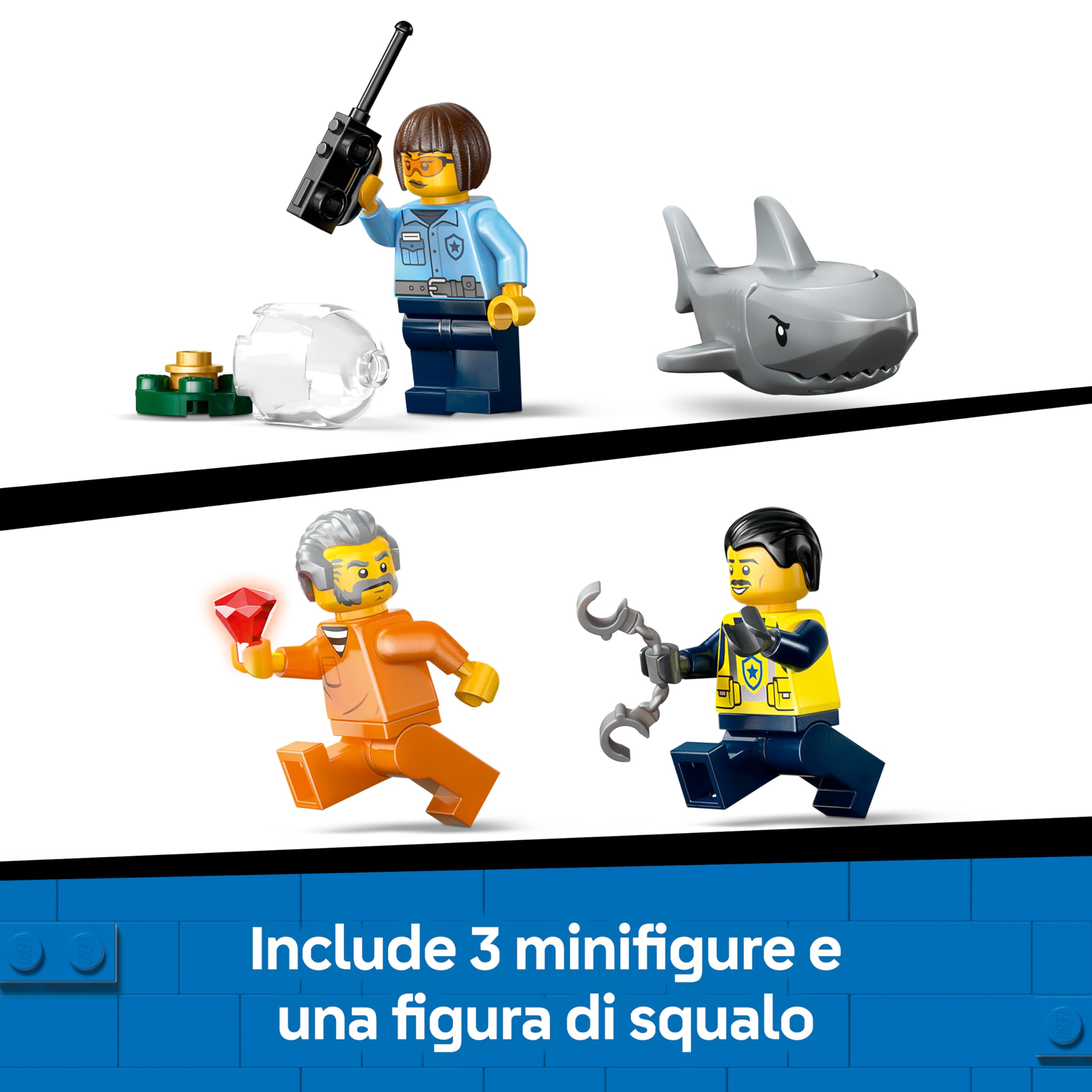 LEGO City Inseguimento del Motoscafo della Polizia – Include 2 Barche Giocattolo, 3 Minifigure e una Figura di Squalo – Regalo per Bambini e Bambine da 6 Anni in su – 60456