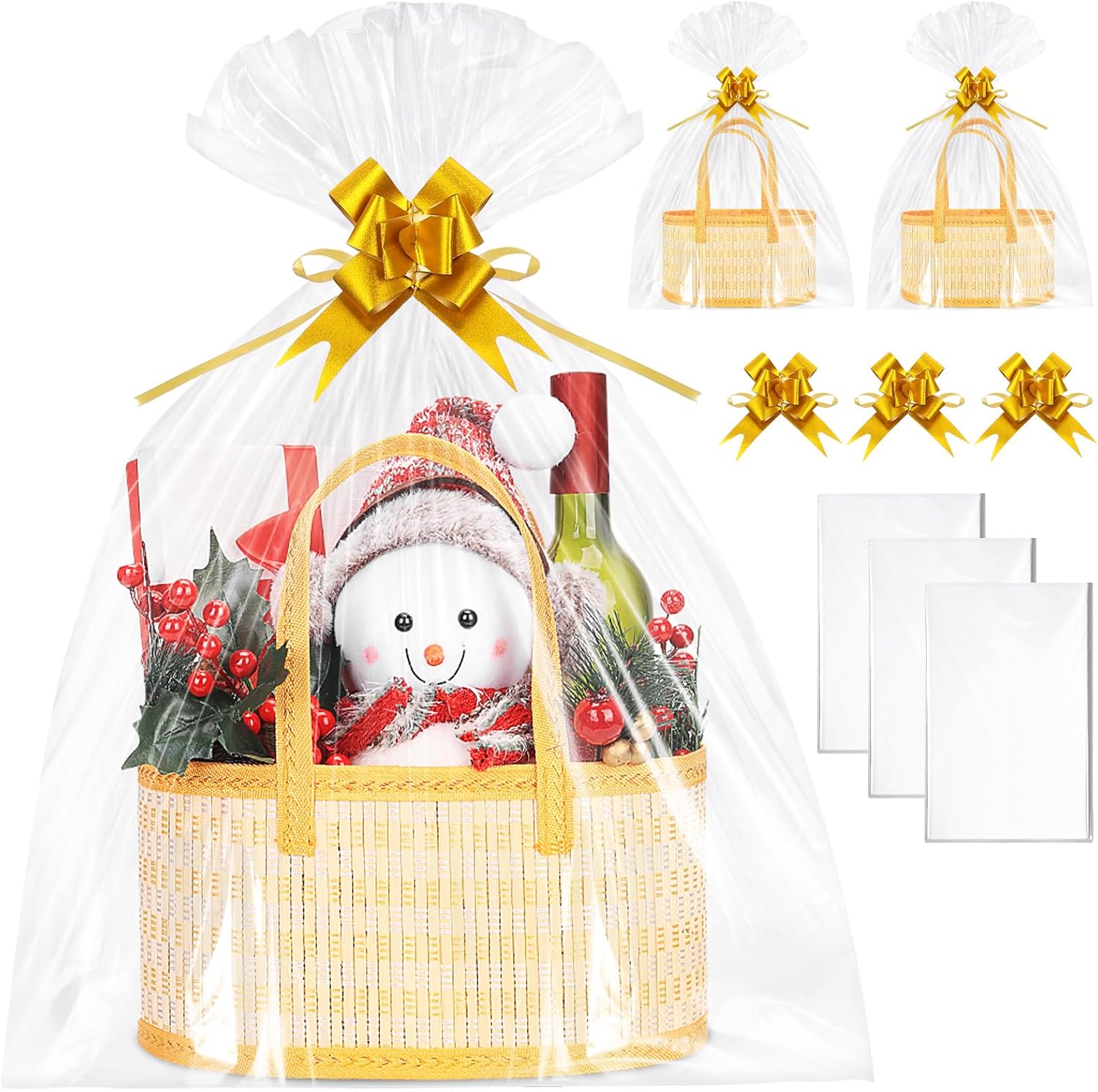 6Pack Baskets for Gifts Empty, Woven Bamboo Gift Basket Kit with Handles 6 Shrinkable Wrap Bags 6 Bows, Empty Gifts Baskets to Fill Basket for Baby Shower Christmas Holiday Birthday Party Gift Bag