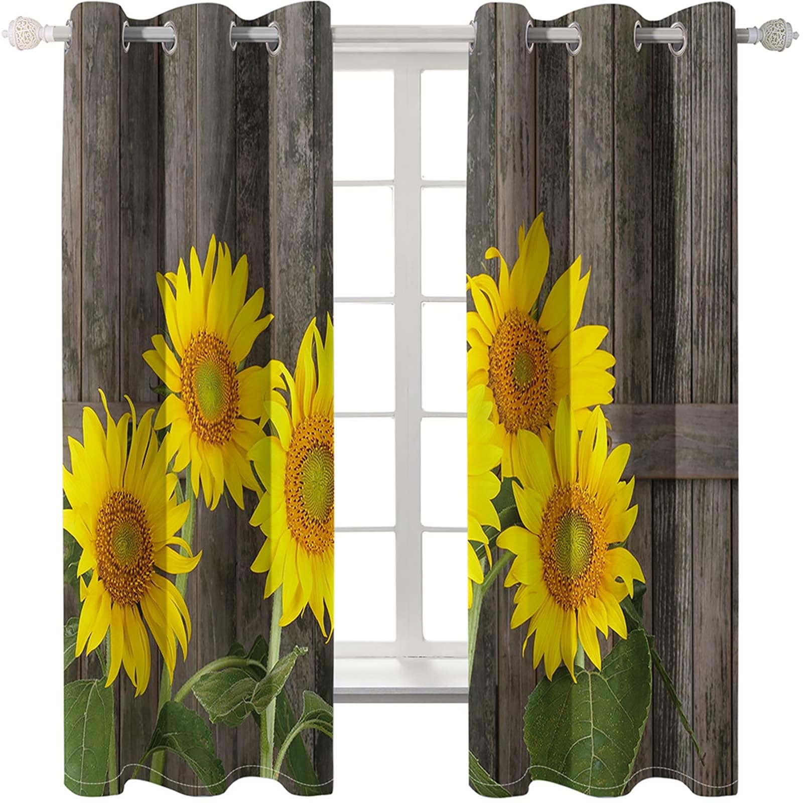 Lichtundurchlässige Vorhänge, 96x138cm Braun Gelb Grün Holztür und Sonnenblumenmuster Verdunklungsvorhänge mit Ösen