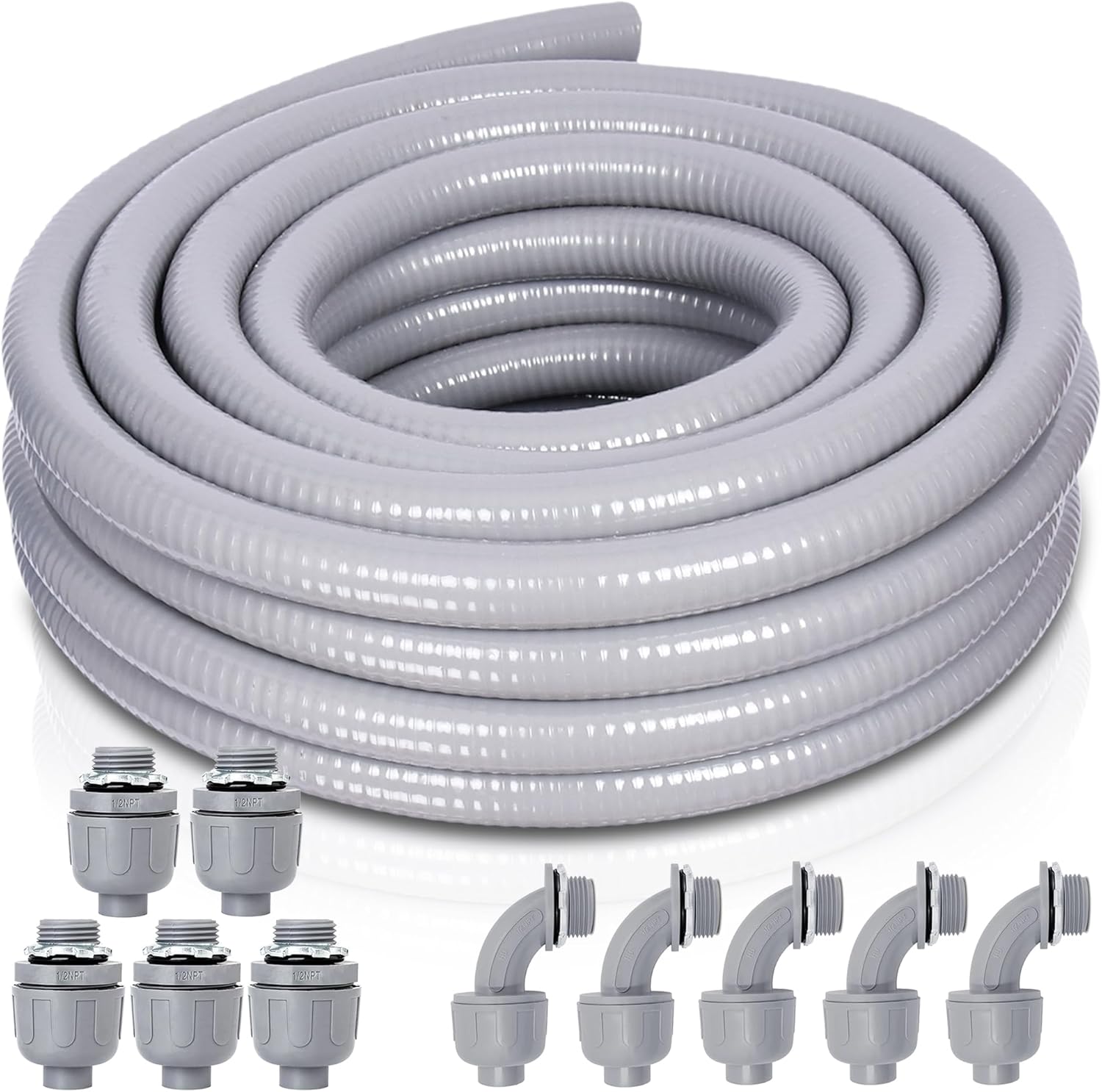 Feotech 1/2 Inch Liquid Tight Conduit Kit - 25FT Flexible Non-Metallic with 5 Straight & 5 Angle Fittings for Outdoor Wiring