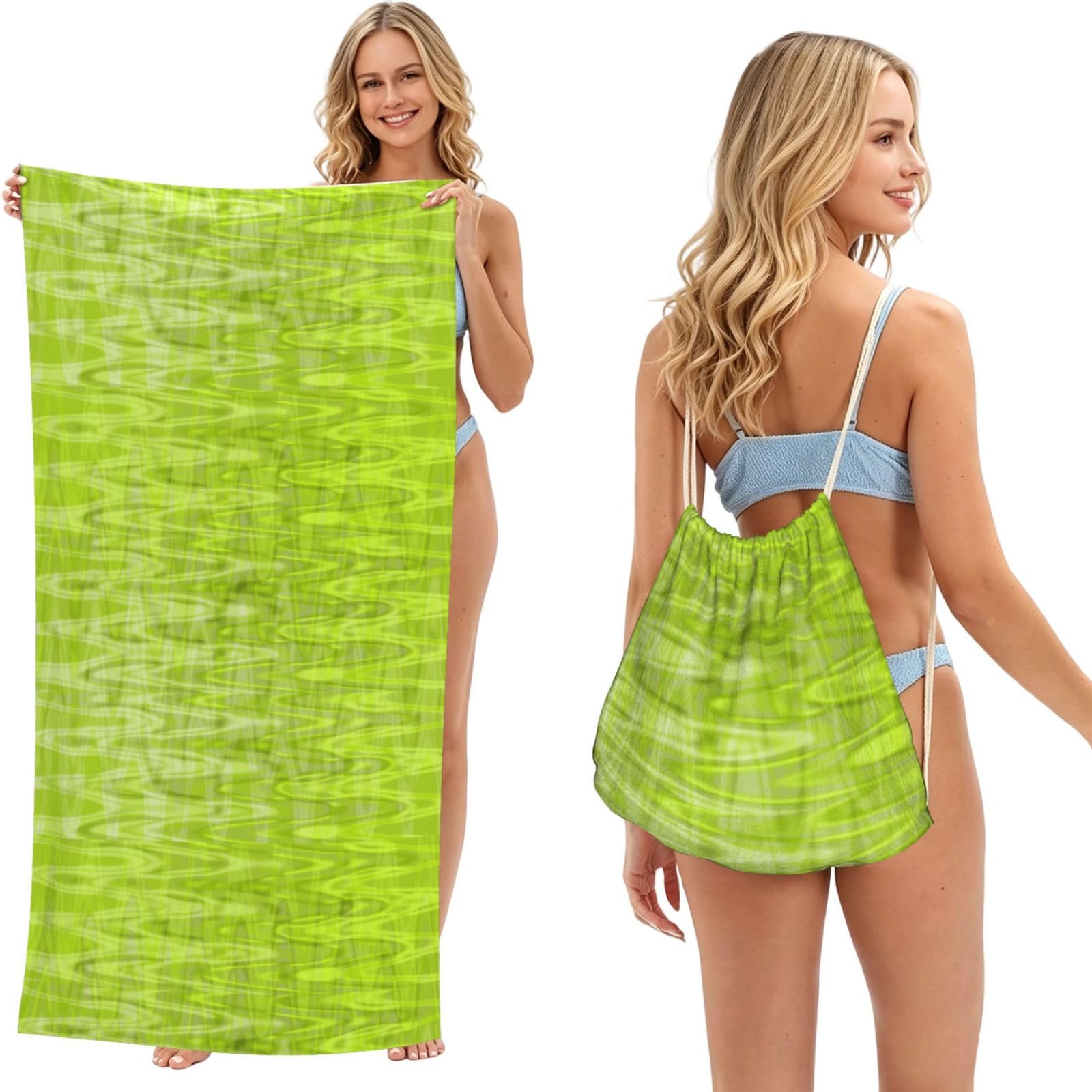 Poadnly As Picture Cool Lime Green Abstract Pattern, 2 In 1 Packable Towel Bag, Beach Towels With Drawstring Backpack For Travel Holiday Camping