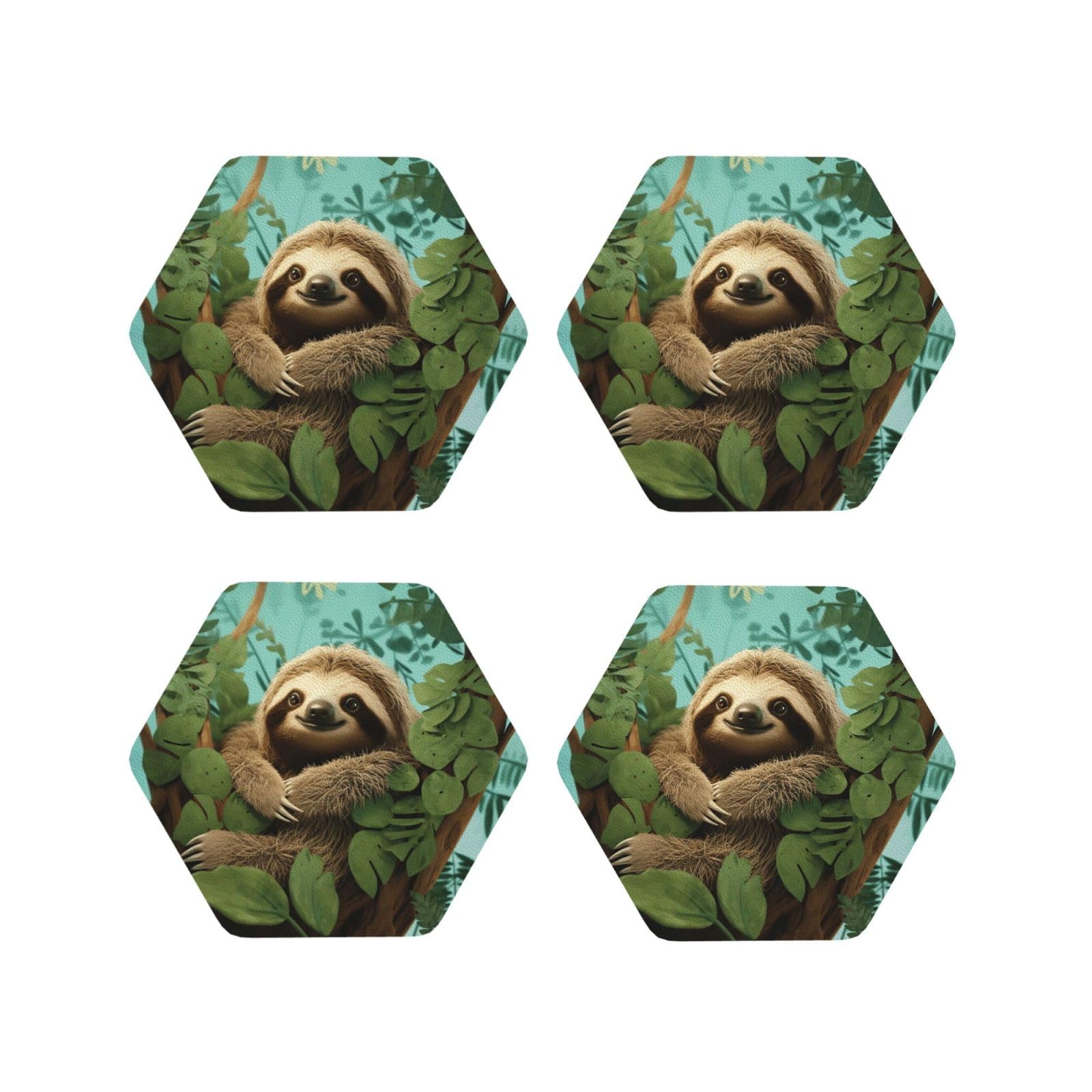 4Pcs PU Leather Coaster for Drinks, Hug Tree Sloth Cup Coastersr 4" Cup Mat Pad, Aesthetic Drink Coasters for Coffee Table, Hexagon Coaster for Tabletop Protection