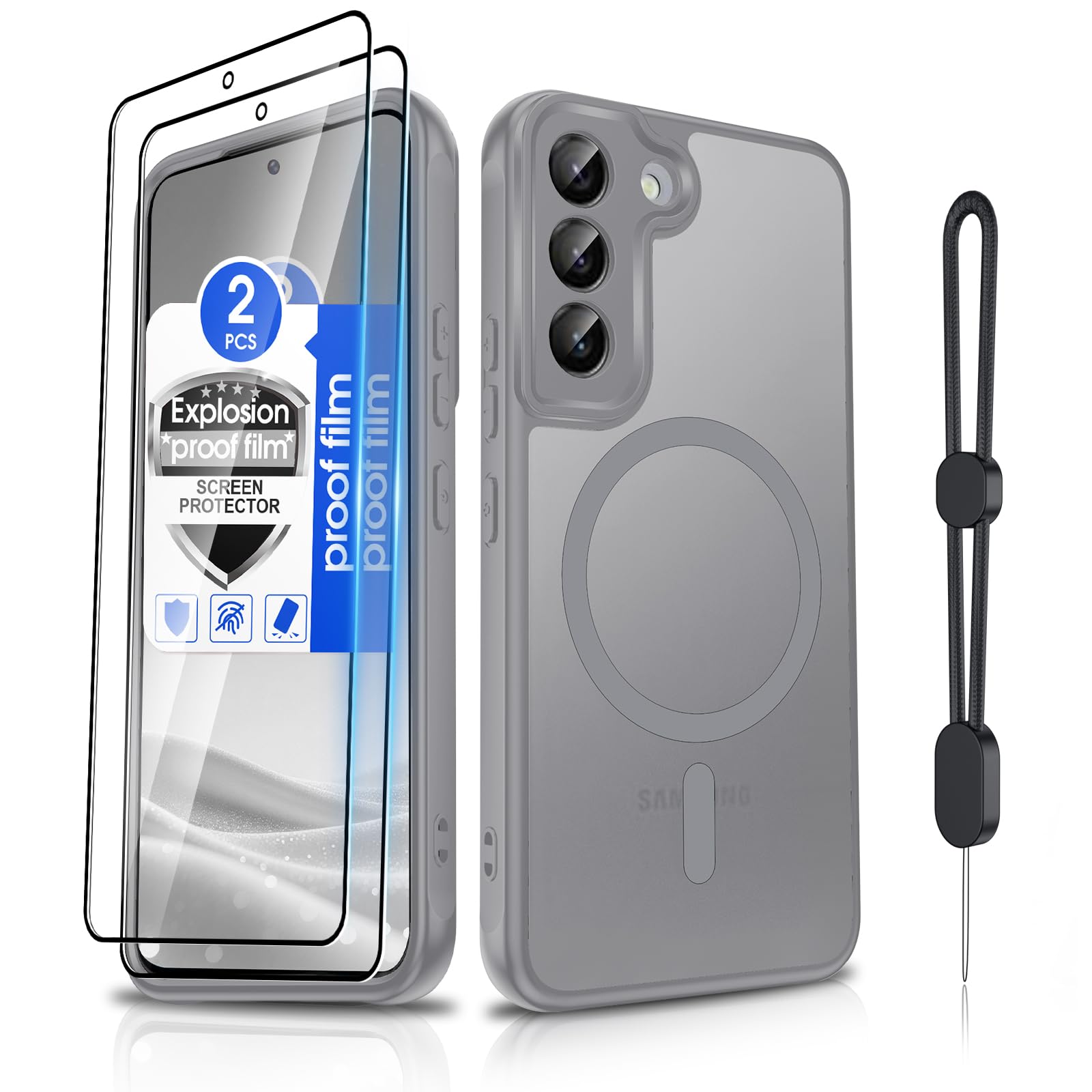 Dizn for Samsung Galaxy S22 5G Phone Case:Ultra‑Slim Matte Translucent Shockproof Protective for S22,with [2 Pcs] Explosion-Proof Film,[Fit Magsafe],with Hand Strap &amp; Soft Funda para S 22 5G,Grey
