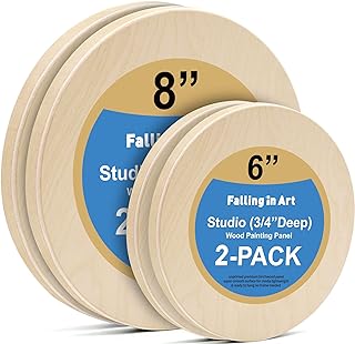 Falling in Art Unfinished Round Birch Wood Panels Kit for Painting, Wooden Canvas 4 Pack of 6 and 8" Studio 3/4" Deep, Cradle Boards for Pouring, Art, Crafts, Burning and More