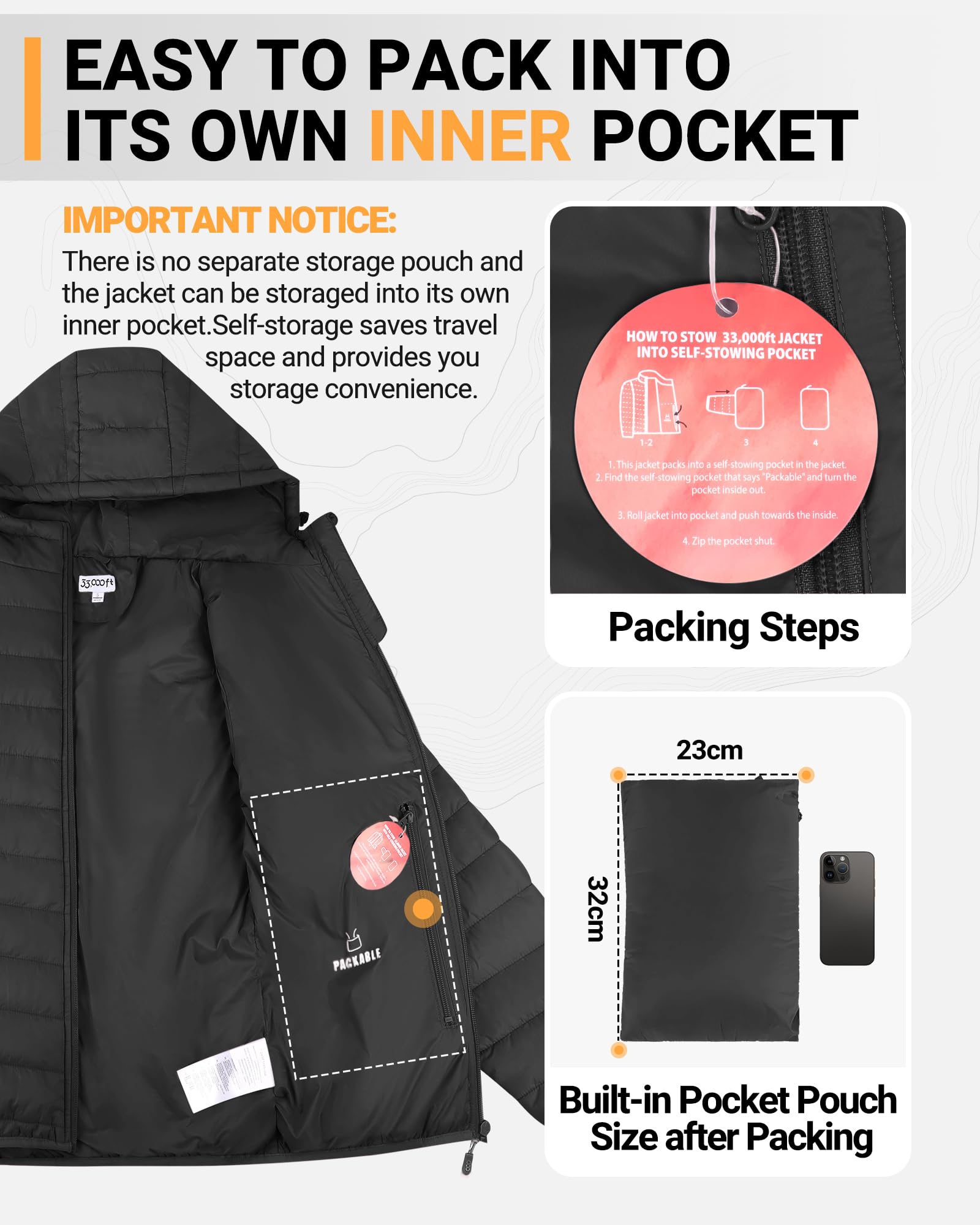 33,000ft Damen Leichte Steppjacke Packbare Übergangsjacke mit Kapuze für Frauen Gefüttert Warme Pufferjacke für Outdoor, Freizeit und Wandern