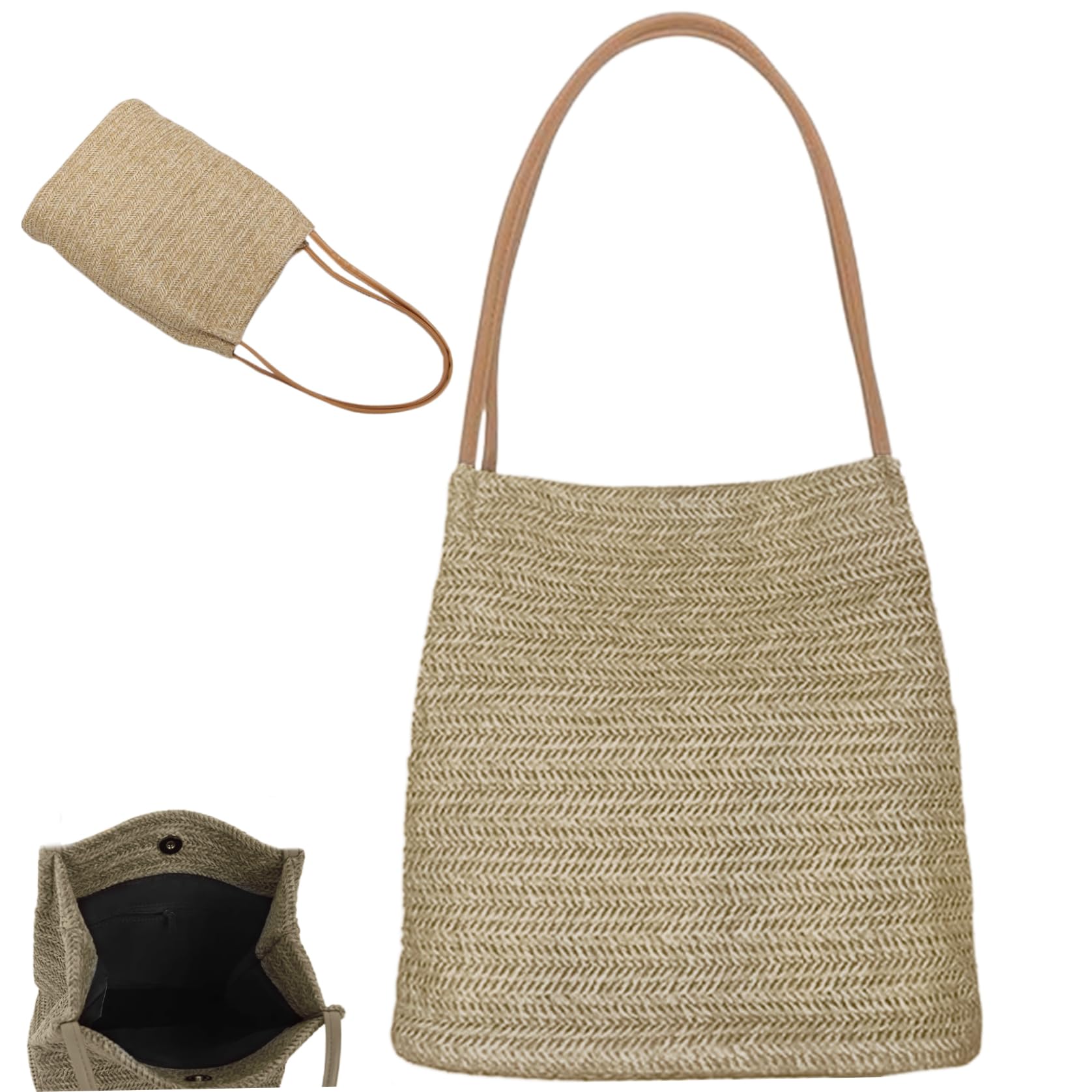 Wedhapy Unisex Dark Beige Woven Tote Bag For Women Straw Beach Bag 12.6X10.24 Inch Buckets Straw Tote, Shoulder/Handheld With Zip Pocket Summer Bags For Women Beach