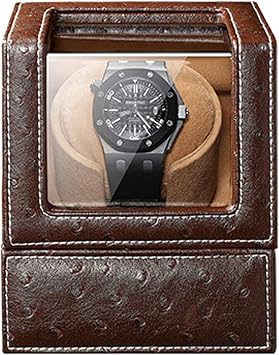 Automatic Single Watch Winder Box 5 Rotation Mode Dual Power Supply Flexible Watch Pillow Ostrich Pattern Leather Beautiful Home,Brown