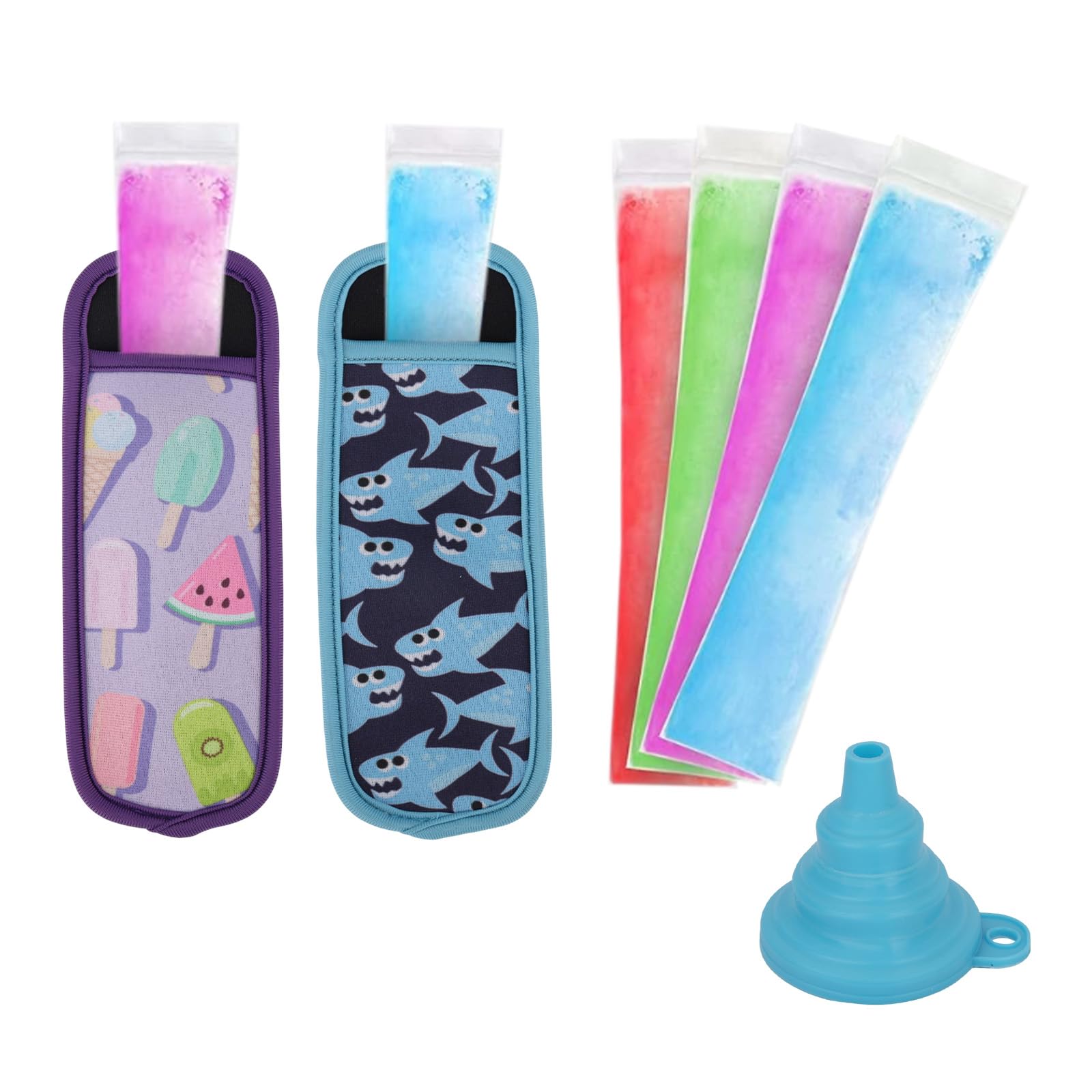 50pcs Ice Popsicle Stencil Bags, Neoprene Freezer Tubes with Dual Zip Seals & 2 Anti Freezing Sleeves Freezer Pop Bags for Kids Making Healthy Snacks Yogurt Juice Fruit