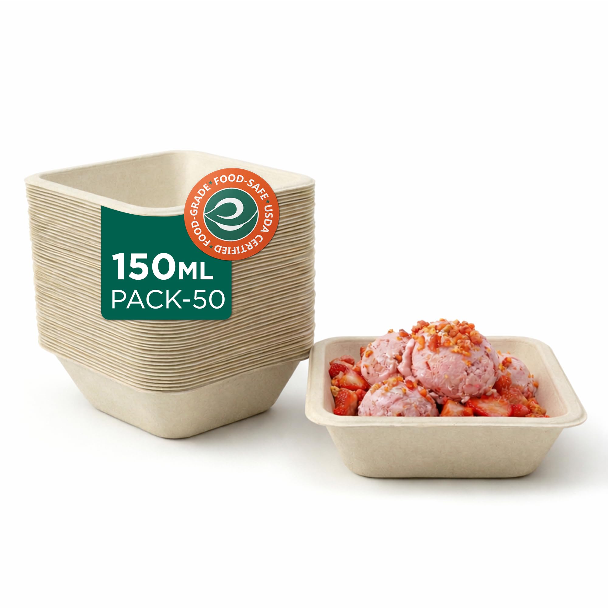 ECO SOUL | 4 Inch Square Bagasse Bowl | 150 ml - Pack of 50 | Eco-Friendly & Non Toxic | Leak-Proof, & Durable | Small Disposable Bowls for Snacks, Chutneys, Desserts & Sauces | Beige