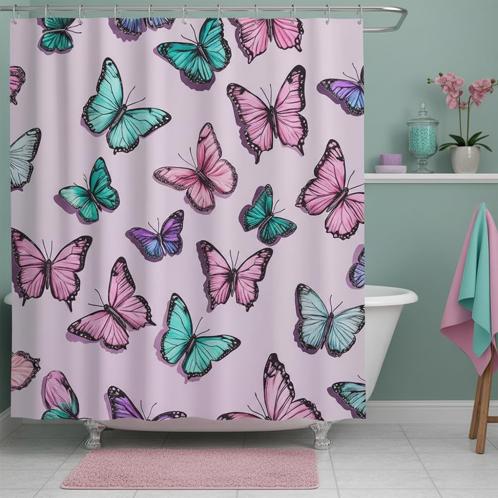 Butterfly Shower Curtain Teal Pink Blue Multicolored Butterflies Rustic Farmhouse Animal Bathroom Polyester Curtains Set with Hooks 75x70 Inch