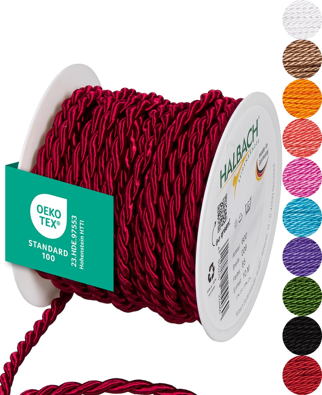 Halbach Seidenbänder Premium Kordel (weinrot) | Breite 6mm Länge 10m | Made in Germany & Öko-Tex Zertifiziert | glänzende Satinkordel aus Acetat