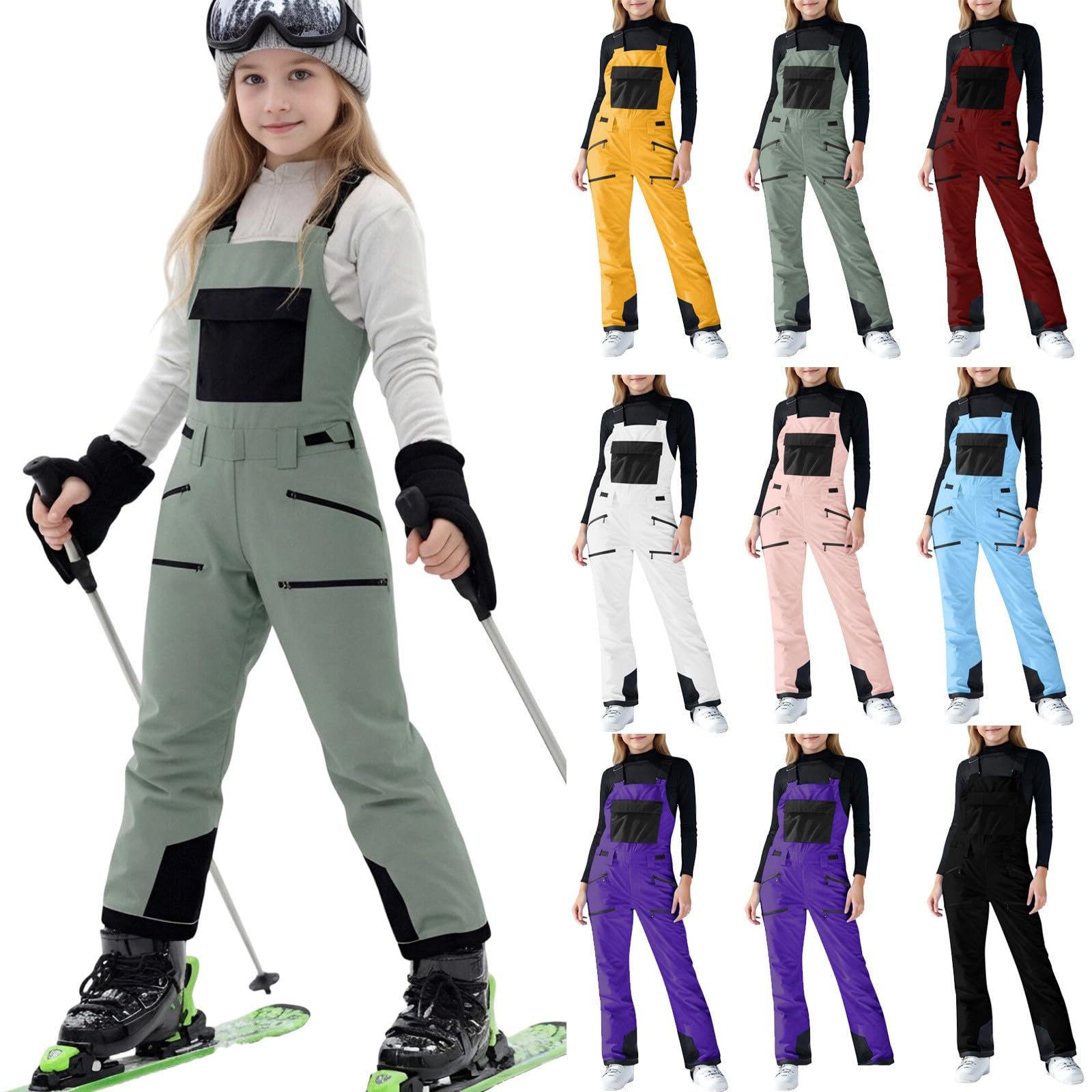 Overol de nieve para niñas, con aislamiento térmico, pantalones de esquí impermeables, correa ajustable, overol de snowboard para niños, traje de nieve cálido de invierno con múltiples bolsillos (4-13