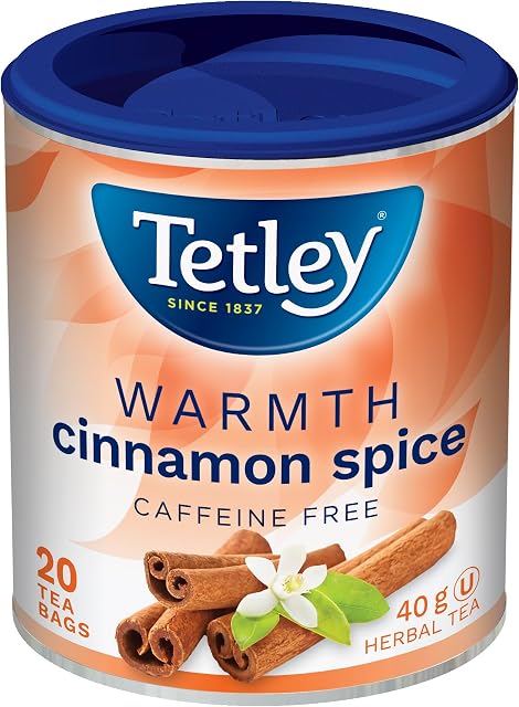 Tetley Warmth Cinnamon Thé à base d'épices - 20 Sacs à thé, 40 Grams, Thé sans caféine naturellement, Thé décaféiné