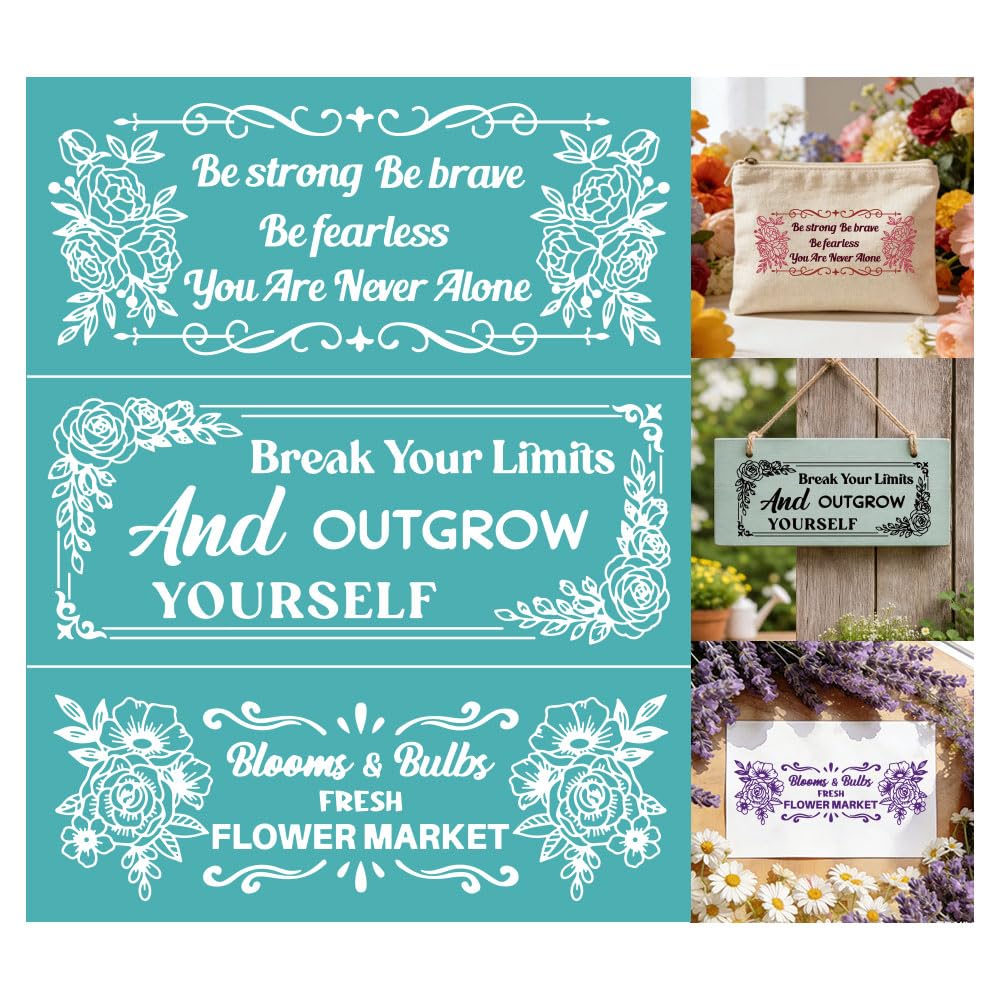 GOMAKERER 2 Sheets Self-Adhesive Silk Screen Printing Stencil, Reusable Inspirational Quote Flower Mesh Stencil Motivational Sayings Floral Template for Painting on Wall, Wood, Home Craft Decor