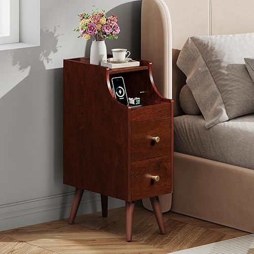 Miniatura 8 de WLIVE Mesita de noche pequeña con cajones, mesitas de noche estrechas con estante abierto y orificio para cable, mesita de noche estrecha para