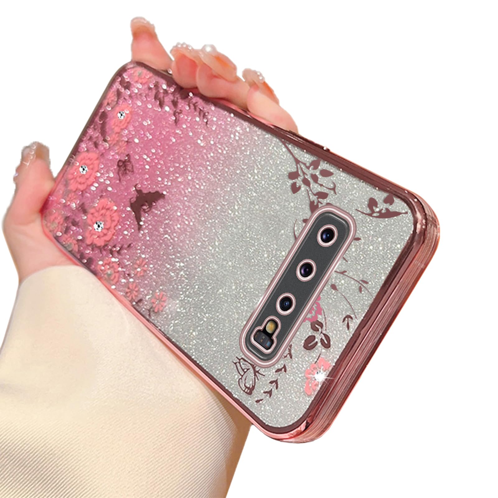 for S10 Plus Case, Galaxy S10 Plus Case for Women Gradual Change Glitter Crystal Soft TPU Butterfly Floral Heart Clear Protective Cover with Strap for Samsung Galaxy S10 Plus 2019 (Rose Gold)